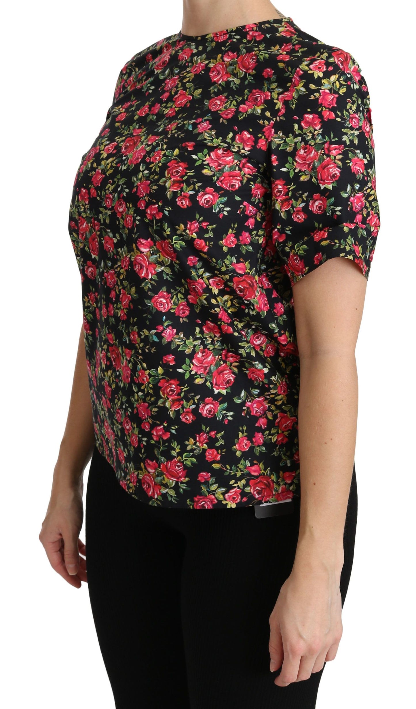 Dolce & Gabbana Schwarzes geblümtes Rosen-Top mit kurzen Ärmeln Bluse