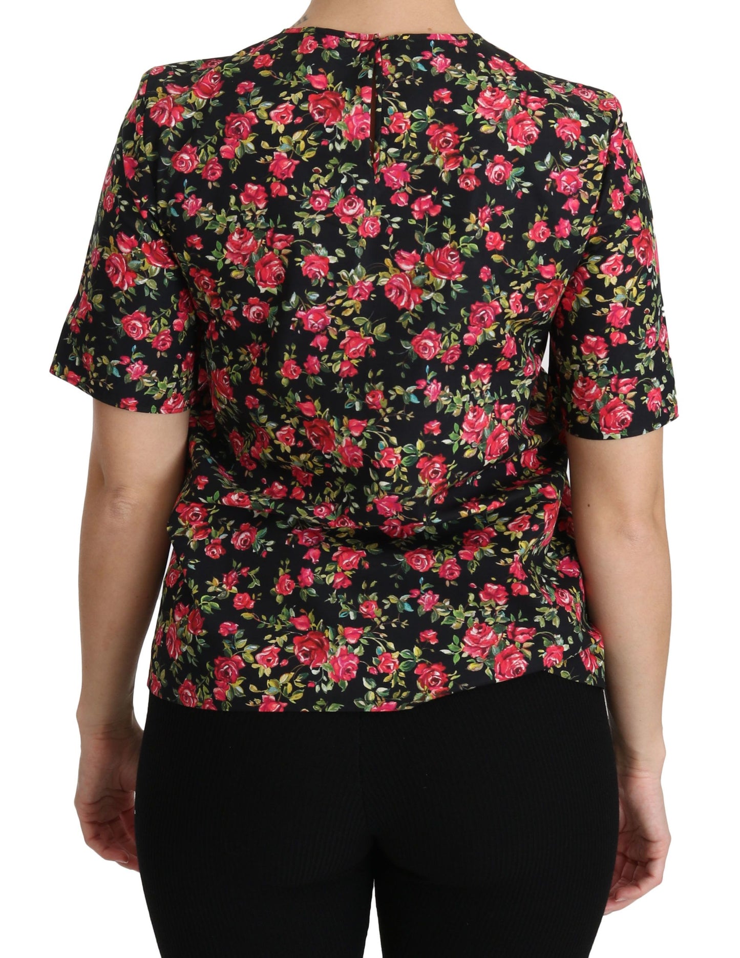 Dolce & Gabbana Schwarzes geblümtes Rosen-Top mit kurzen Ärmeln Bluse