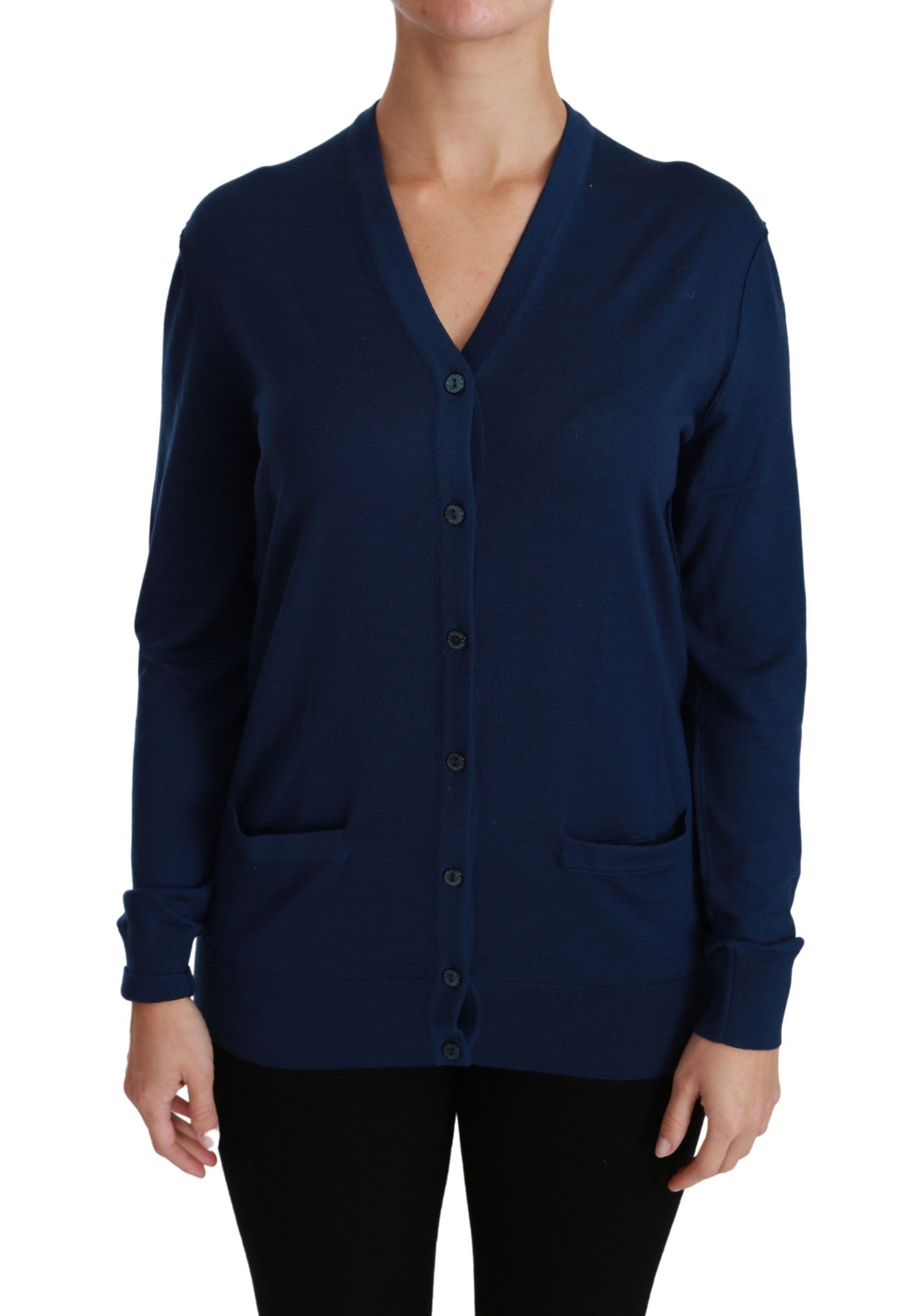 Dolce & Gabbana Blaue Knopf-Strickjacke Schurwollpullover