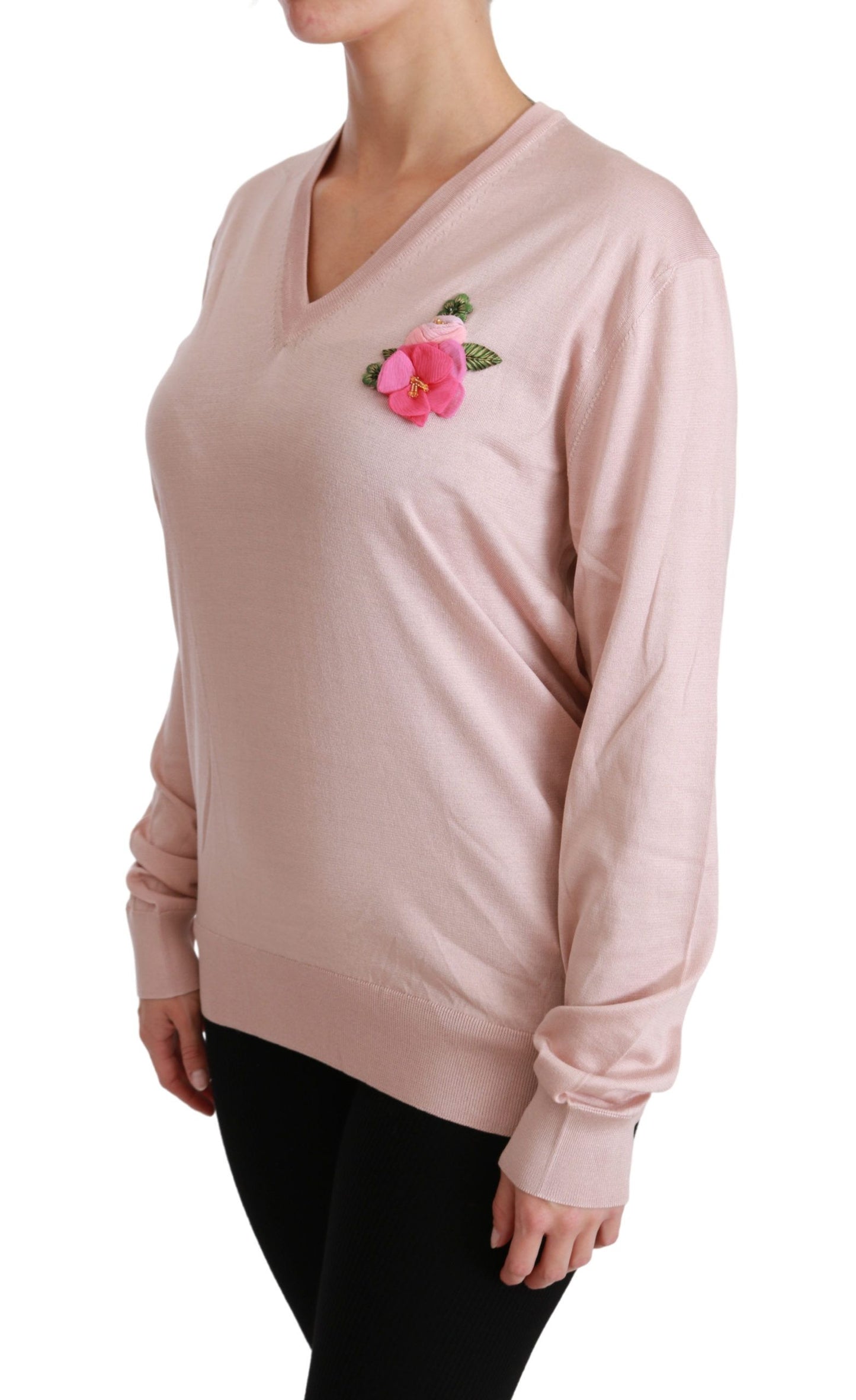 Dolce & Gabbana Rosa Pullover aus Seide mit Blumenverzierung