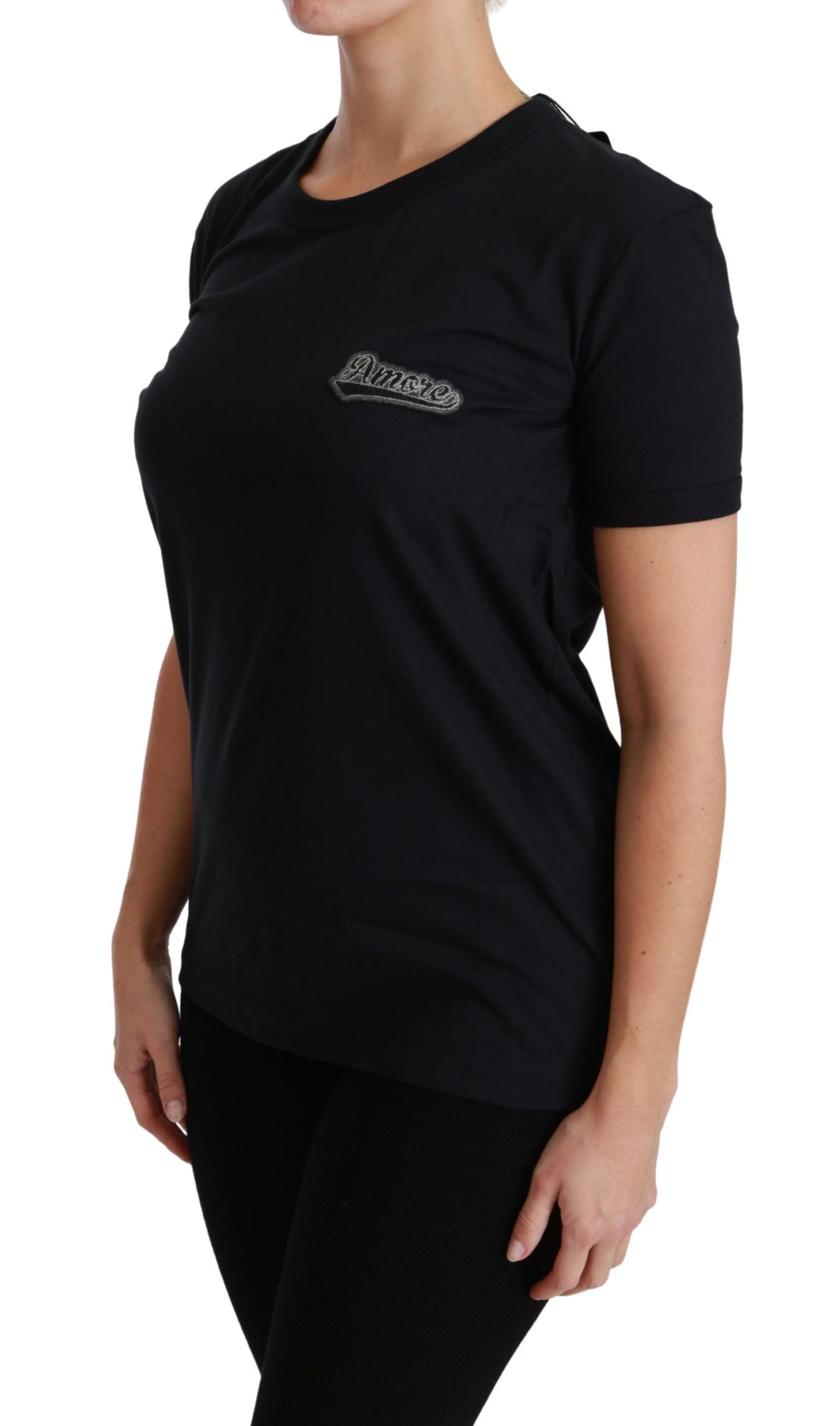 Dolce & Gabbana Blaues Amore Patch Baumwoll-T-Shirt mit Rundhalsausschnitt