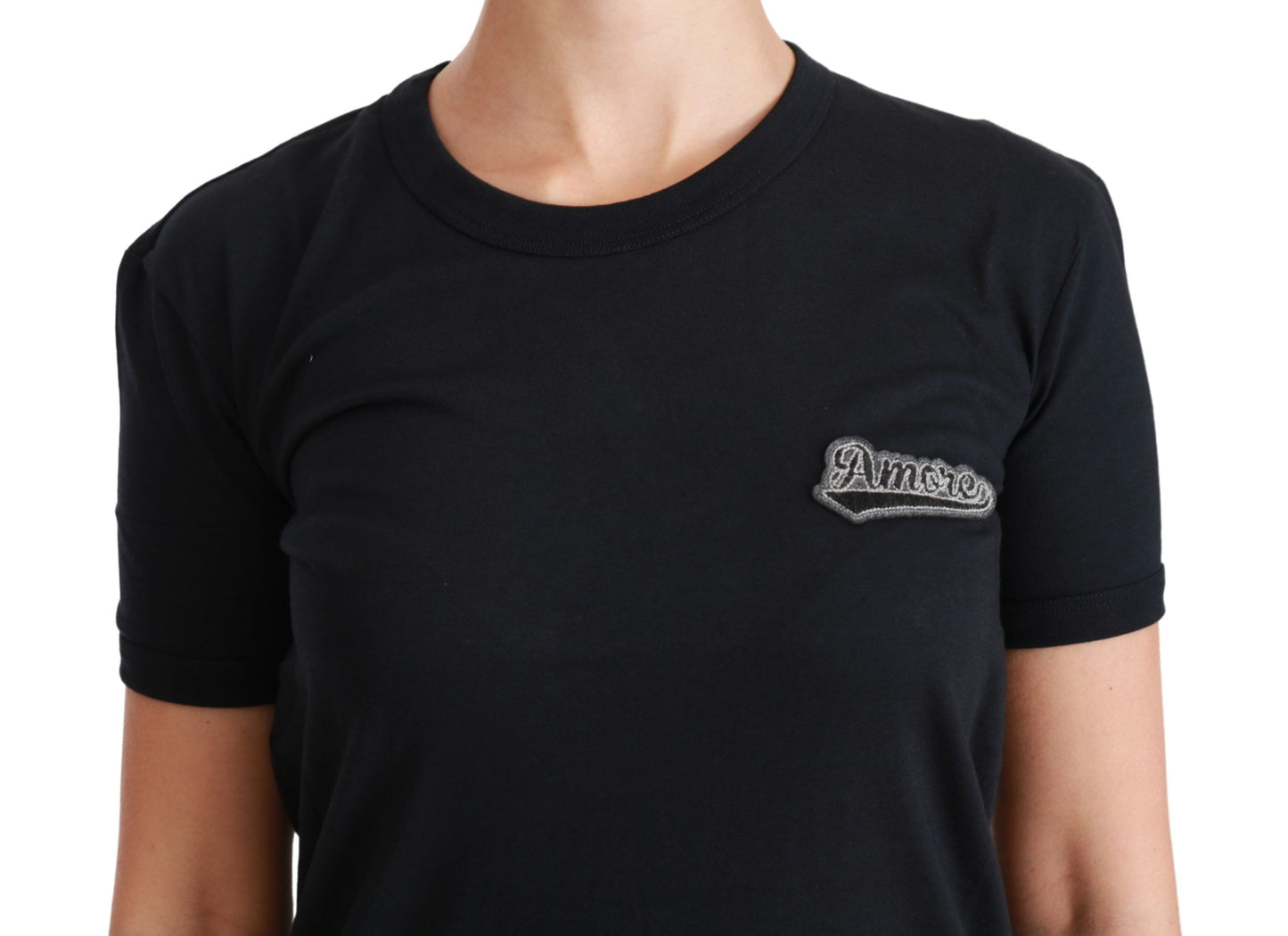 Dolce & Gabbana Blaues Amore Patch Baumwoll-T-Shirt mit Rundhalsausschnitt