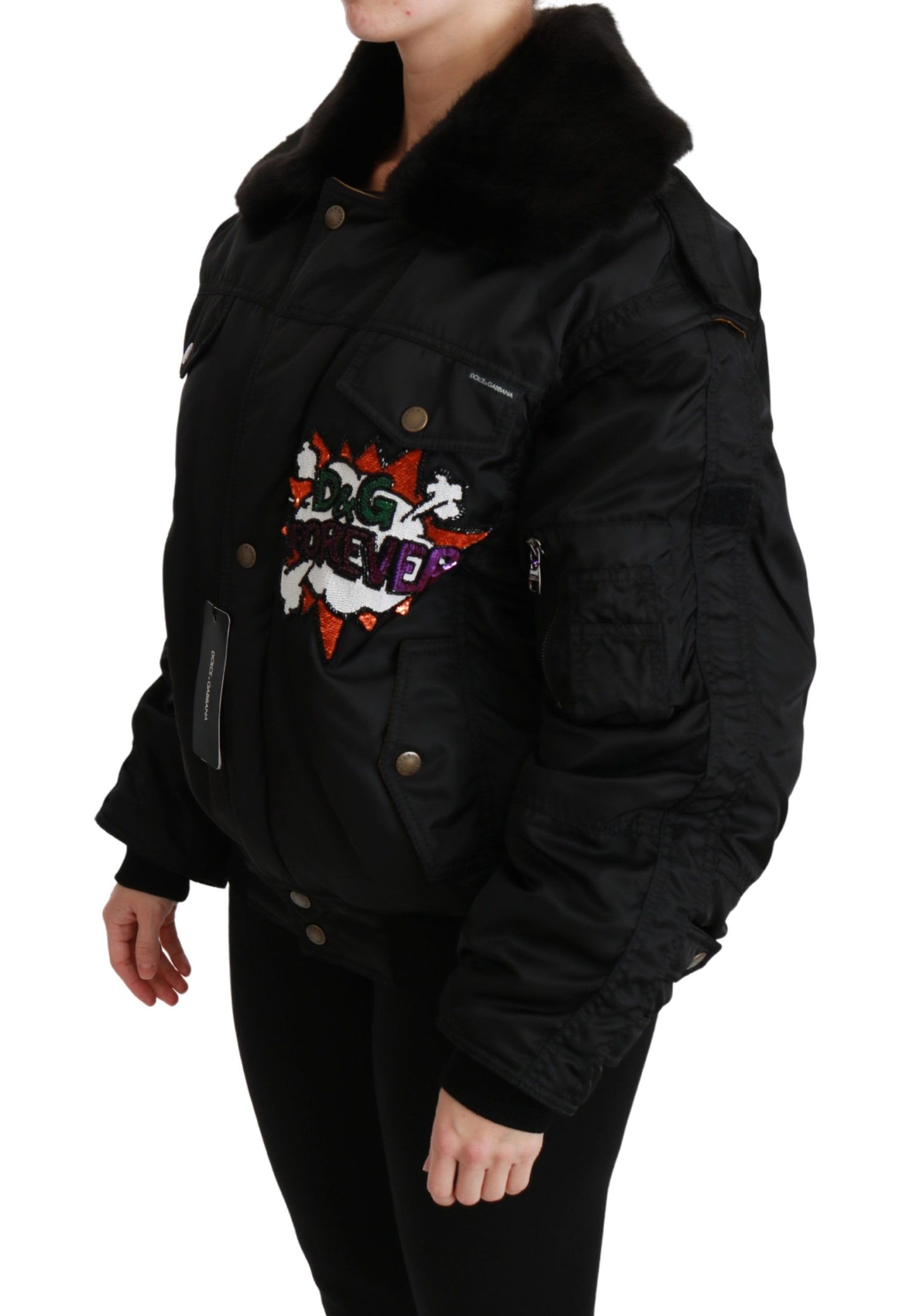Dolce & Gabbana Schwarze Queen Crown Bomberjacke mit Pailletten