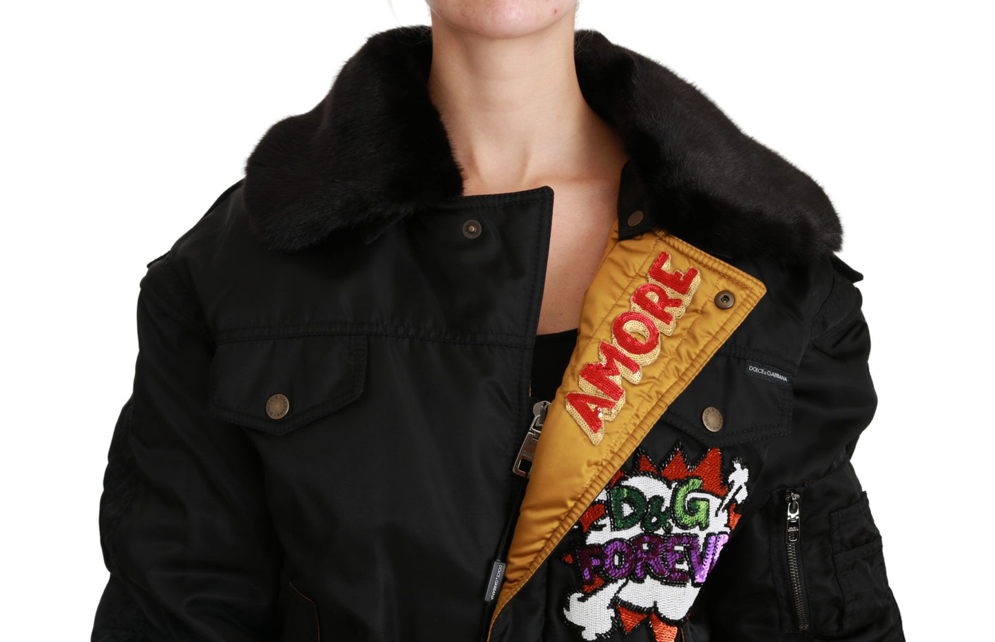 Dolce & Gabbana Schwarze Queen Crown Bomberjacke mit Pailletten