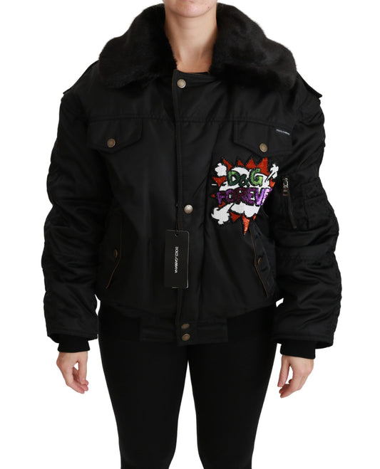 Dolce & Gabbana Schwarze Queen Crown Bomberjacke mit Pailletten