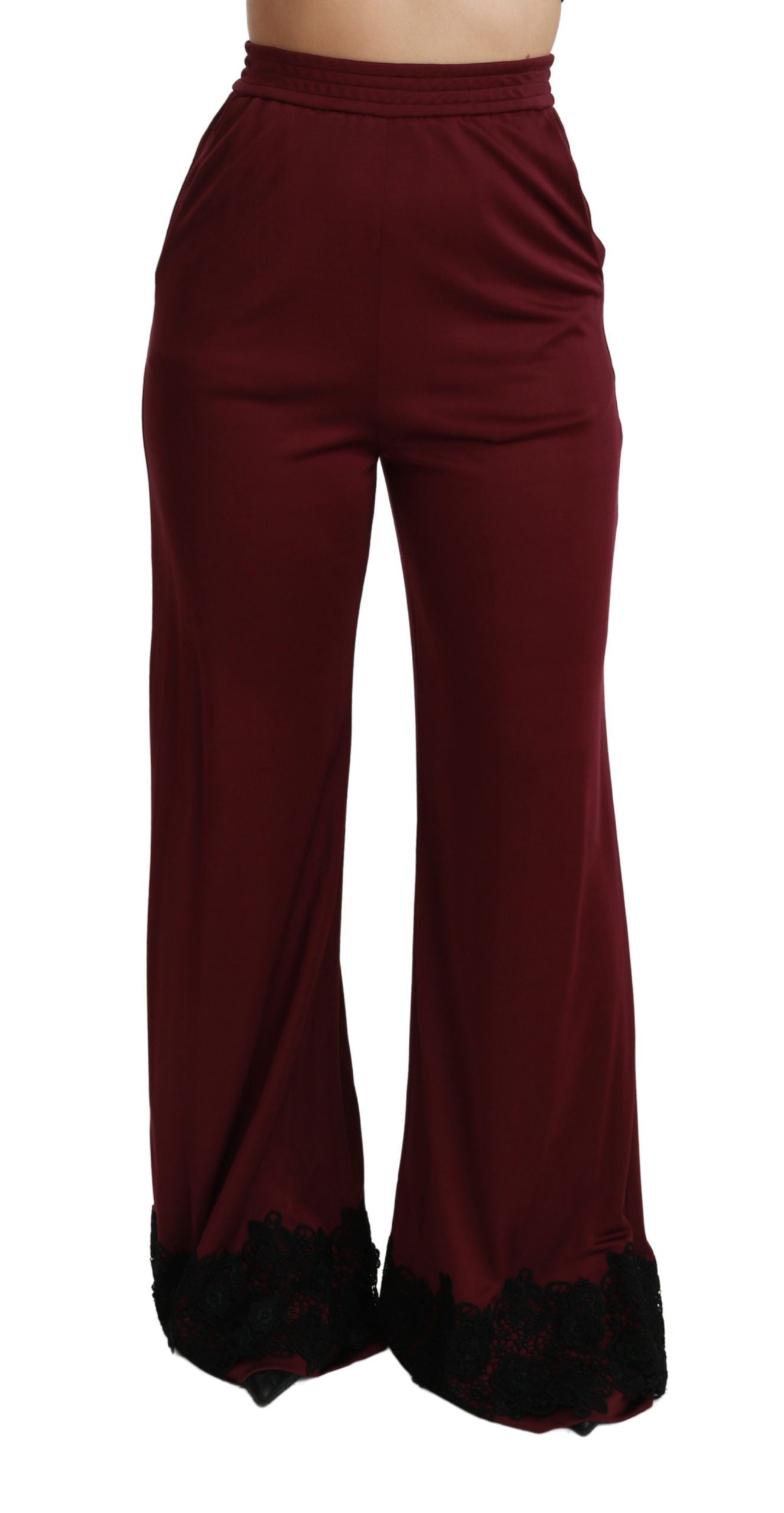 Dolce & Gabbana Schwarze Hose mit hoher Taille und weitem Bein aus Spitze in Maroon