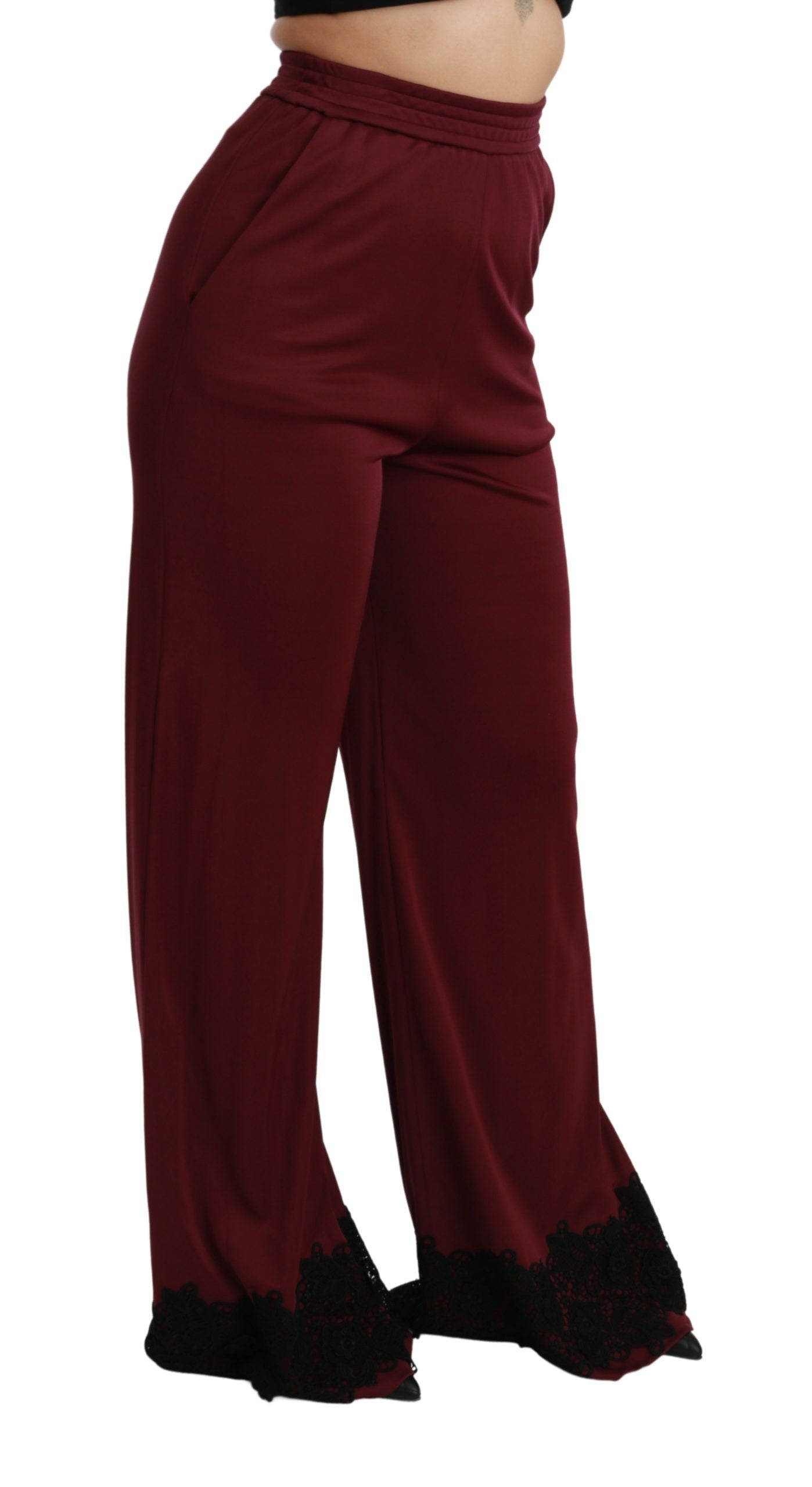 Dolce & Gabbana Schwarze Hose mit hoher Taille und weitem Bein aus Spitze in Maroon