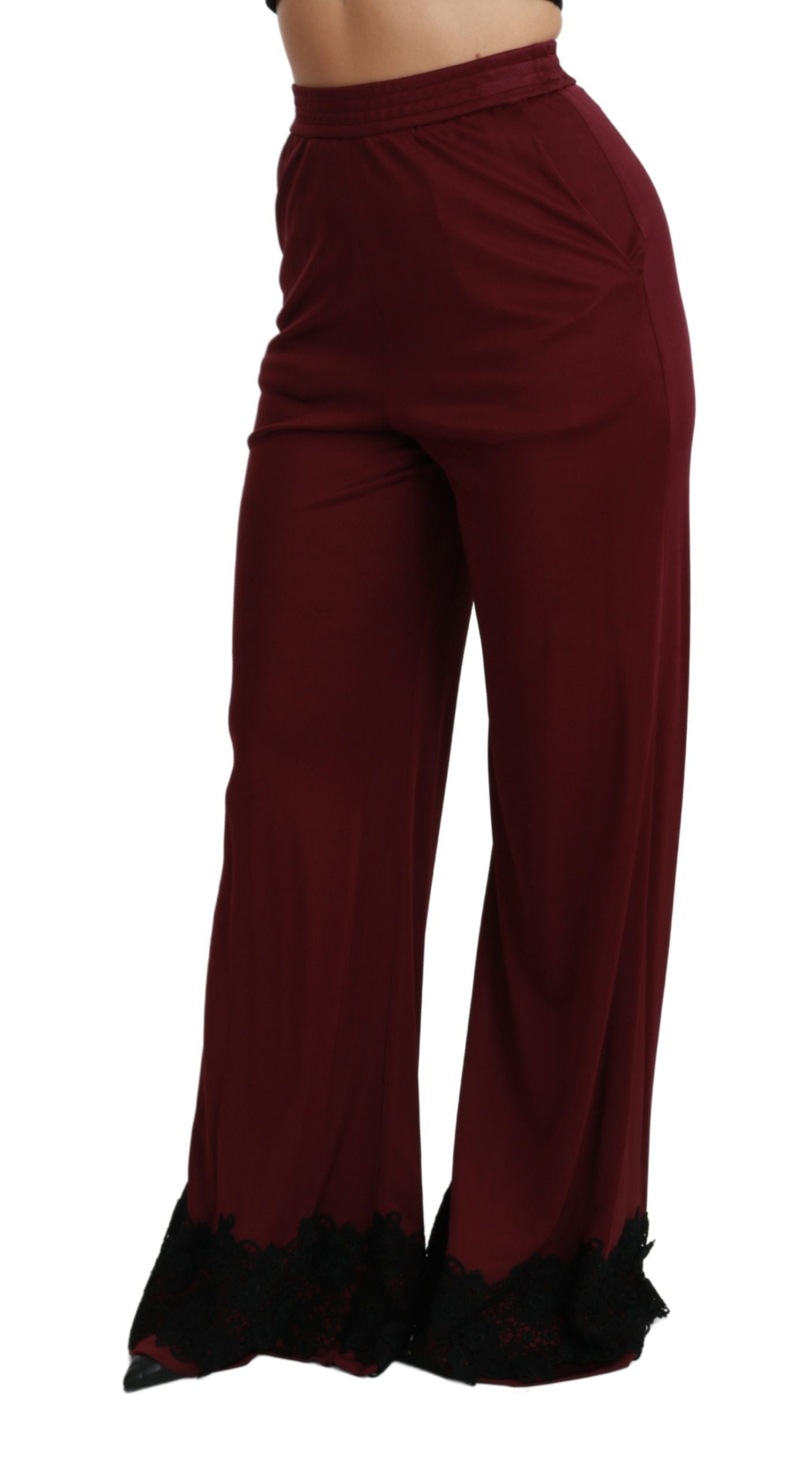 Dolce & Gabbana Schwarze Hose mit hoher Taille und weitem Bein aus Spitze in Maroon