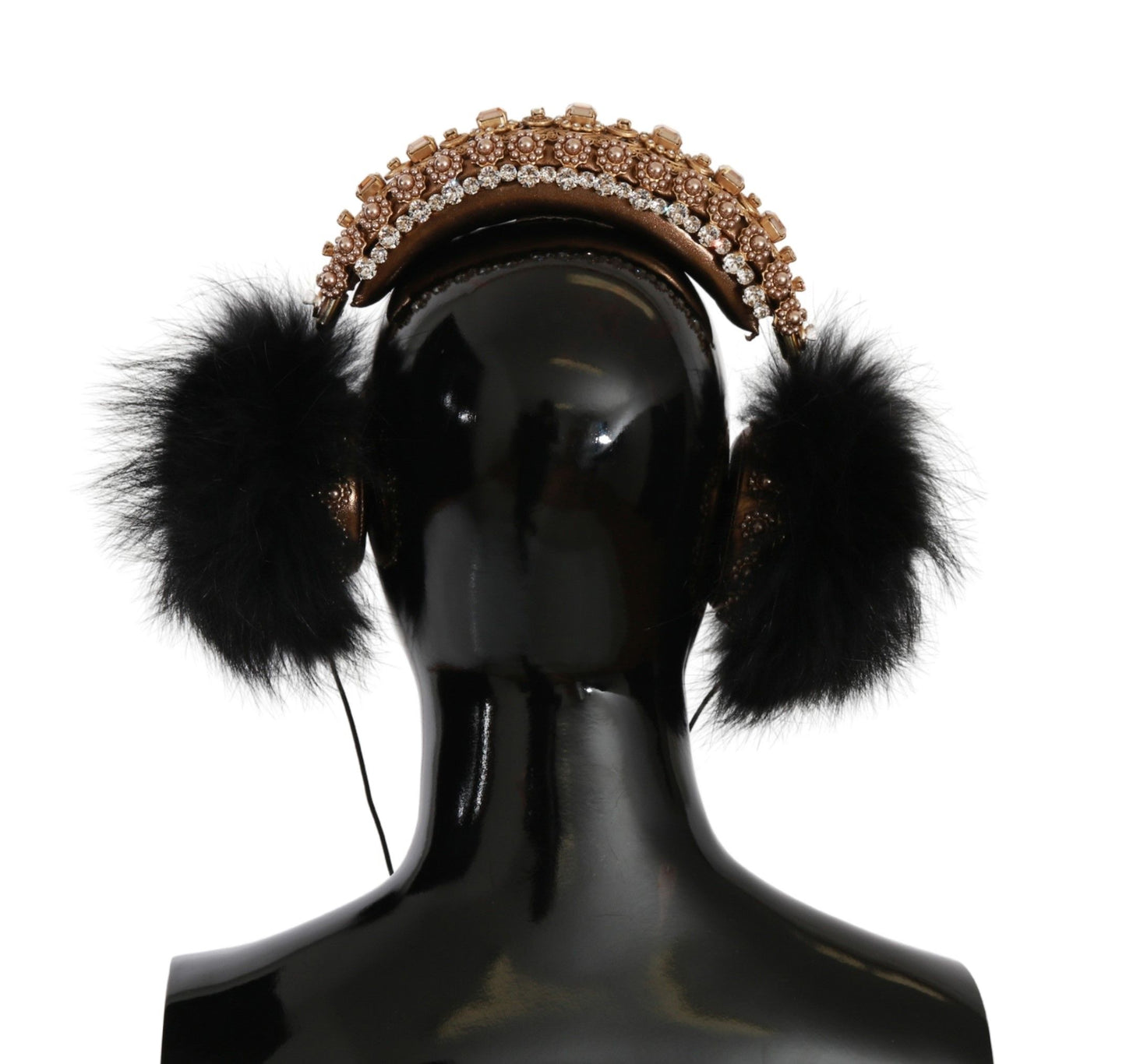 Dolce & Gabbana Gold Schwarz Kristall Pelz Headset Audio Kopfhörer