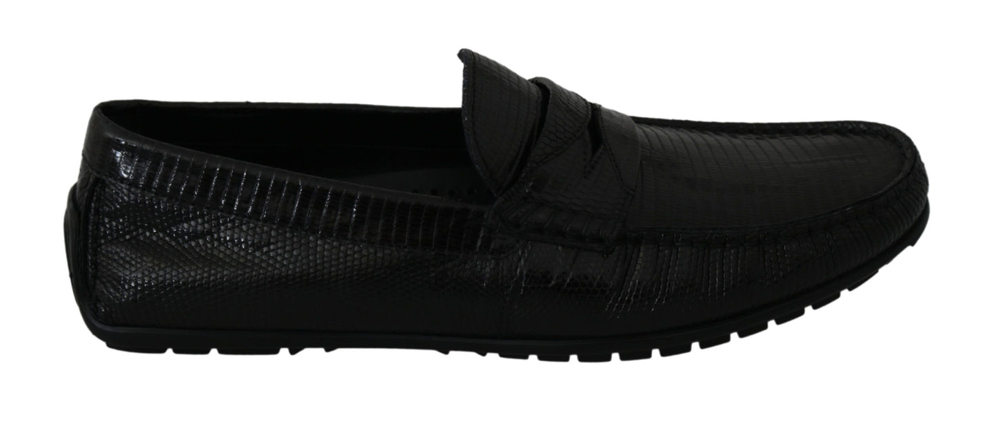 Dolce & Gabbana Schwarzes Eidechsenleder Flache Loafers Schuhe