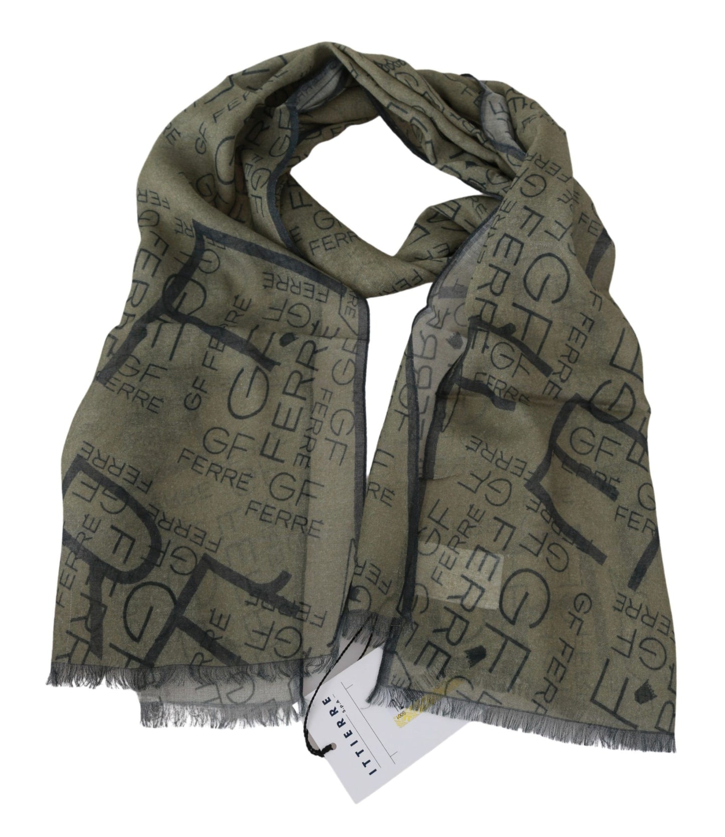 GF Ferre Grüner Foulard aus Wolle und Viskose, gemustert, Markenschal
