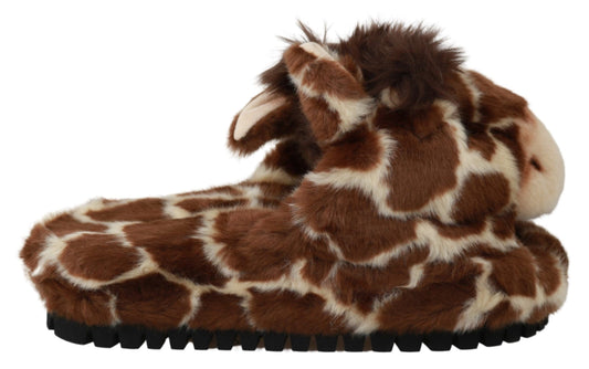 Dolce & Gabbana Braune Giraffe Hausschuhe Flache Sandalen Schuhe