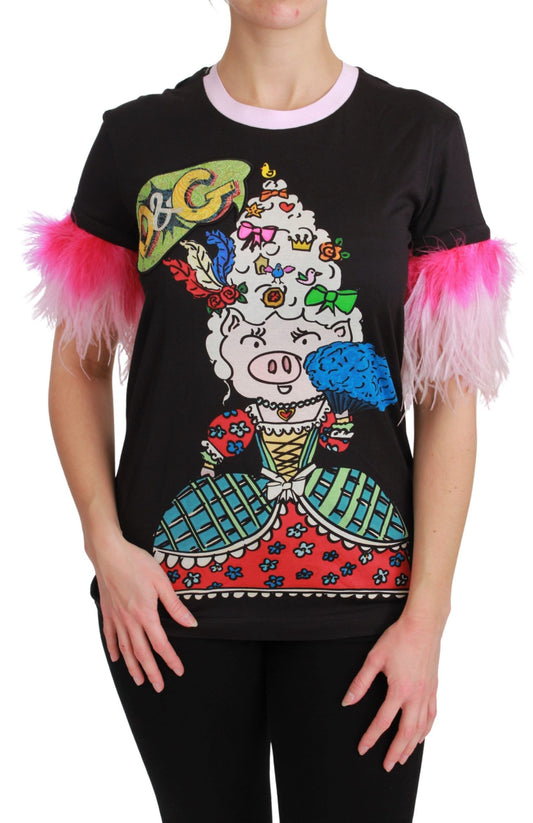 Dolce & Gabbana Schwarzes YEAR OF THE PIG Top Baumwoll-T-Shirt