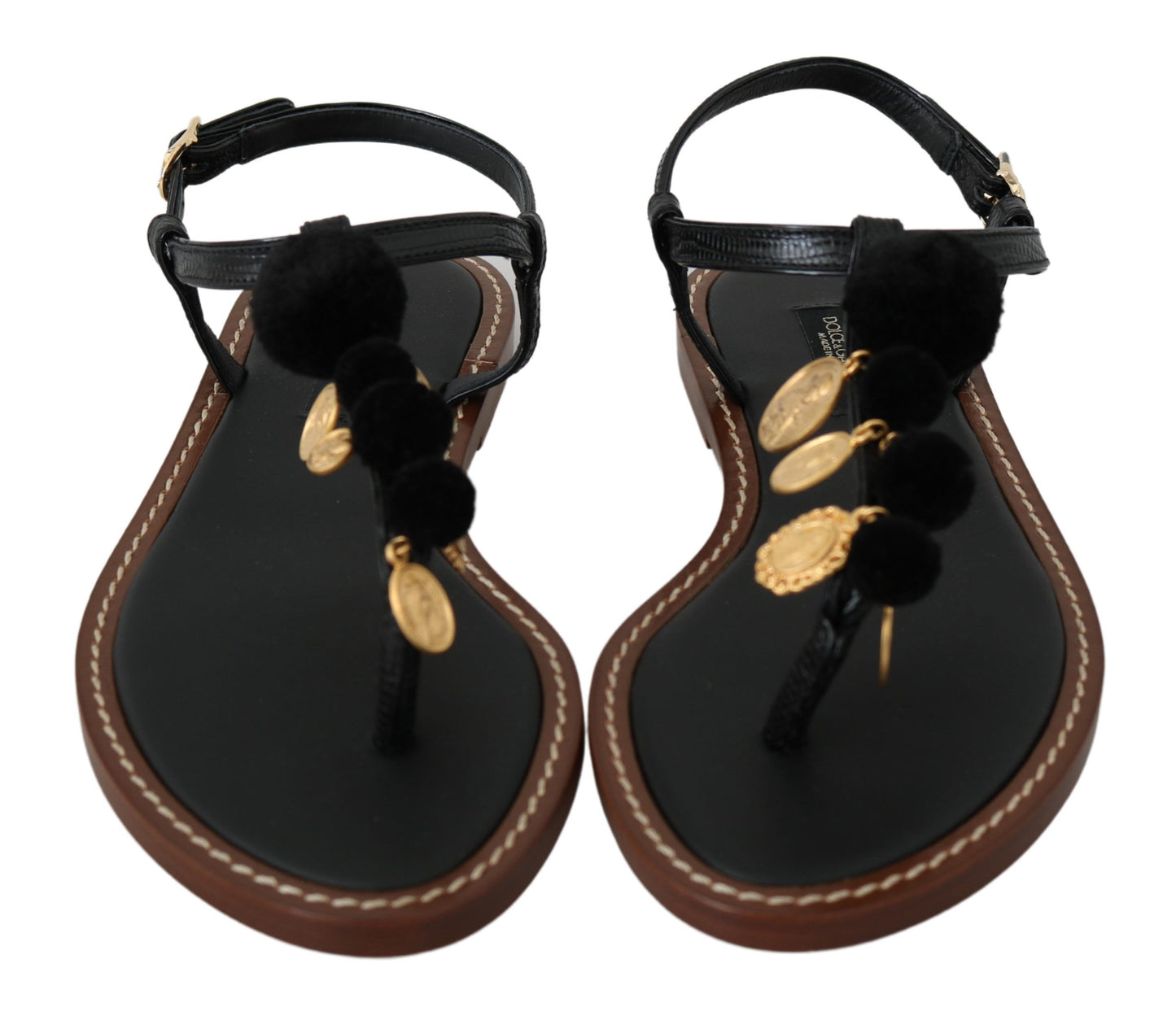 Dolce & Gabbana Schwarzes Leder Münzen Flip Flops Sandalen Schuhe