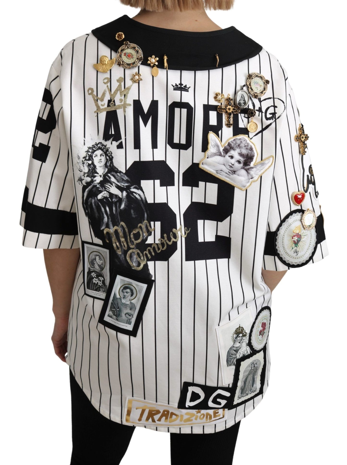 Dolce & Gabbana Weiß-schwarze Bluse Baumwolle Crystal Charms Amore Shirt