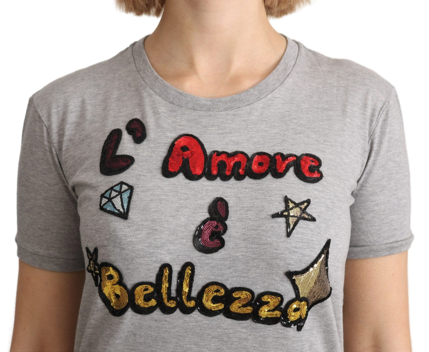 Dolce & Gabbana Graues Baumwoll-T-Shirt Amore e Bellezza