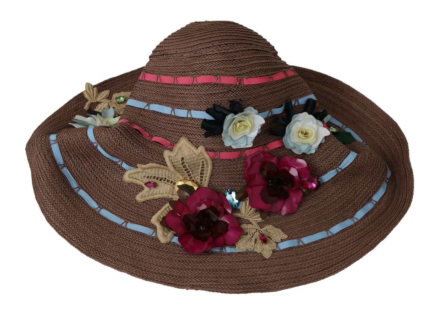 Dolce & Gabbana Brown Floral breite Krempe Stroh Floppy Cap Hut