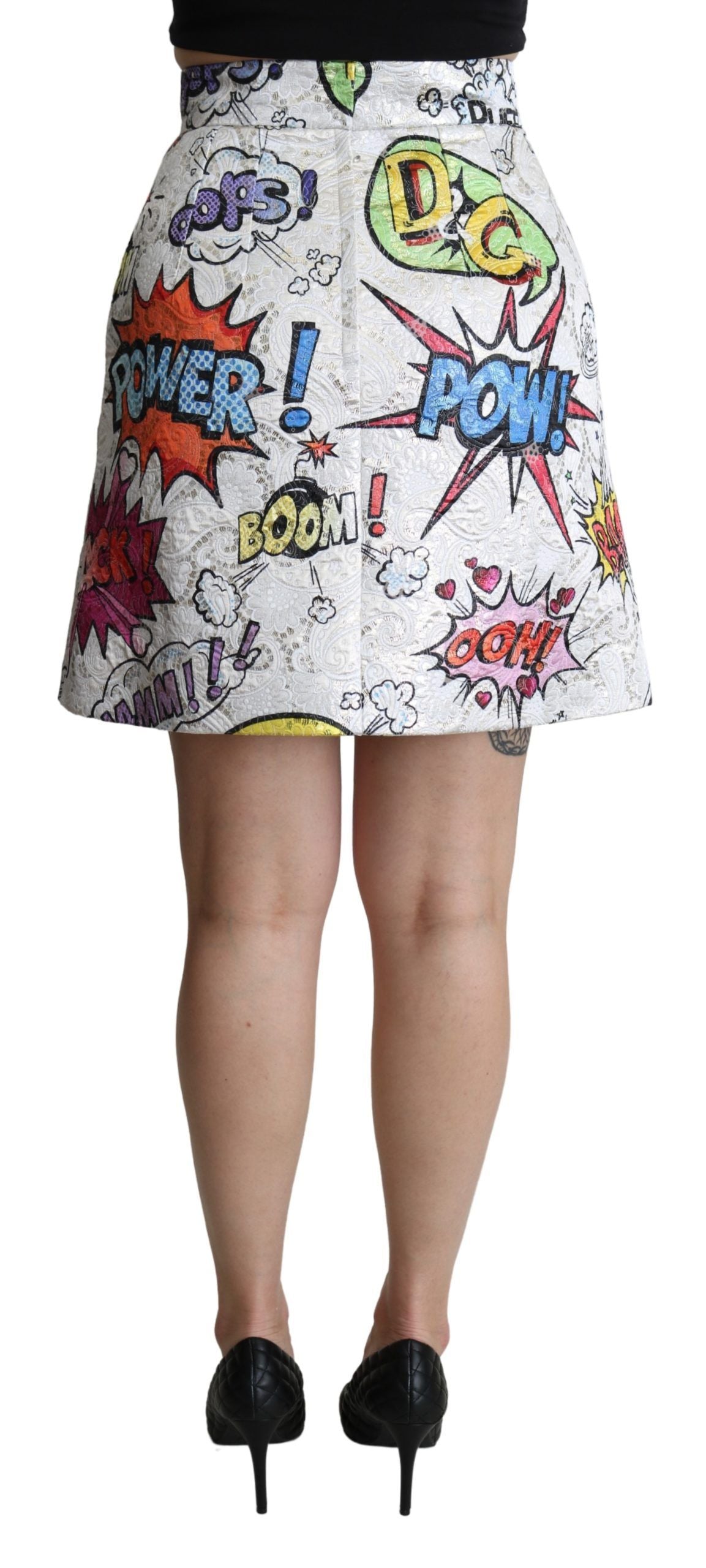 Dolce & Gabbana Weißer Cartoon-Brokatrock in A-Linie mit hoher Taille