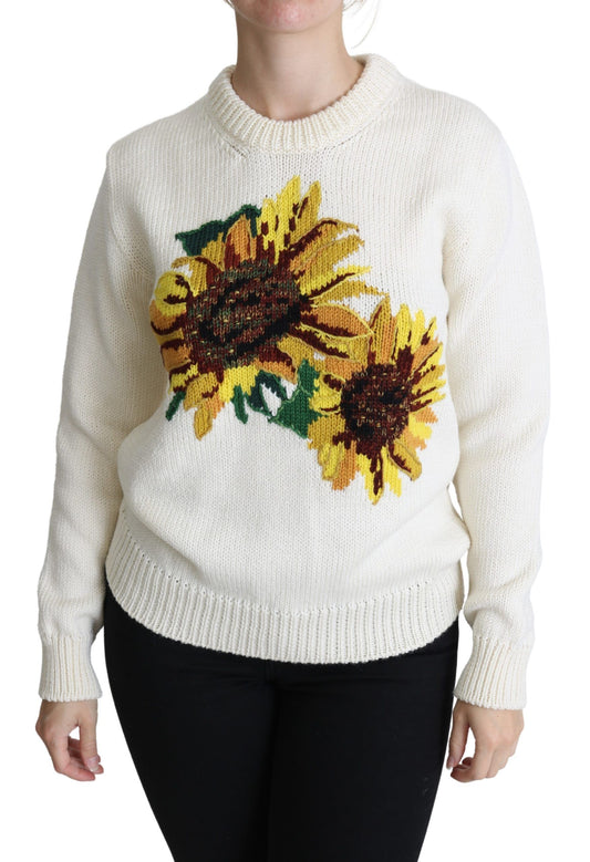 Dolce & Gabbana Weißer Pullover aus geblümter Wolle Sonnenblumenpullover