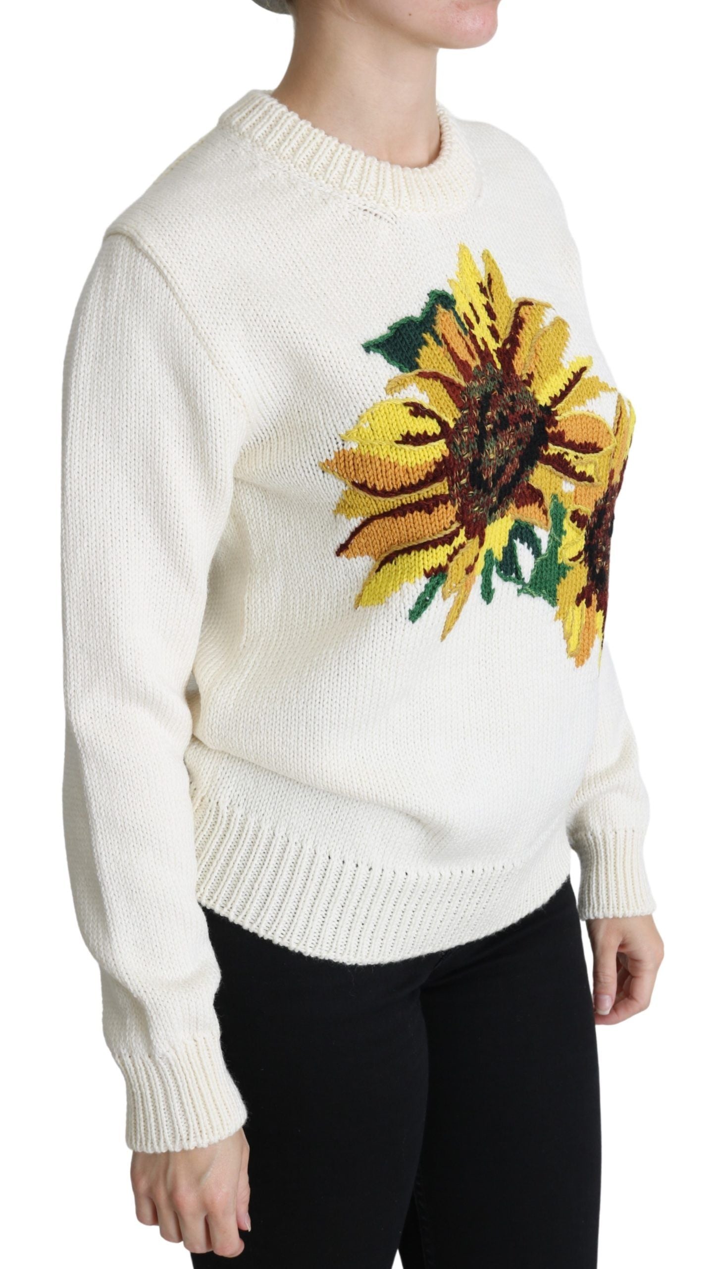 Dolce & Gabbana Weißer Pullover aus geblümter Wolle Sonnenblumenpullover