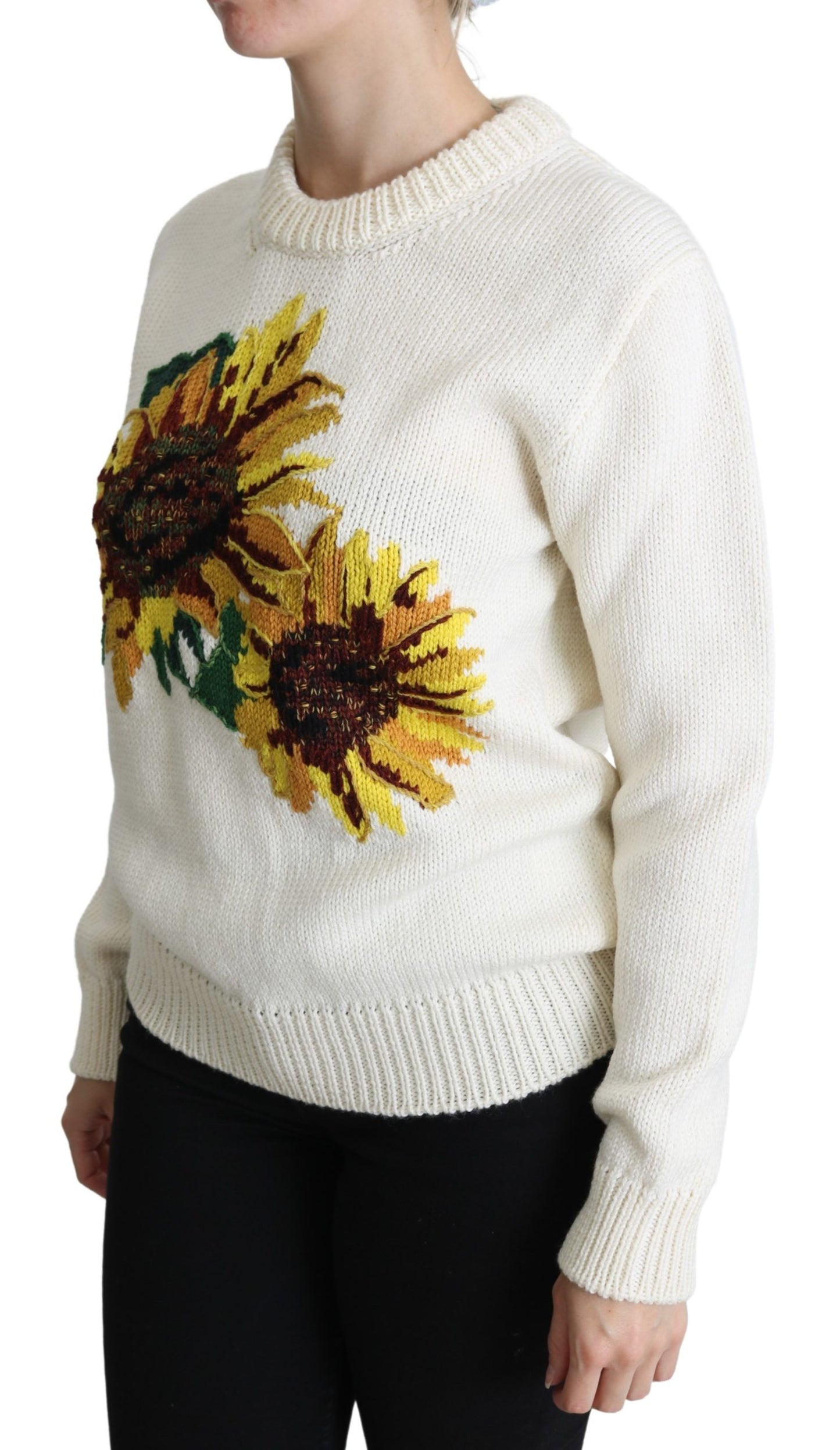 Dolce & Gabbana Weißer Pullover aus geblümter Wolle Sonnenblumenpullover
