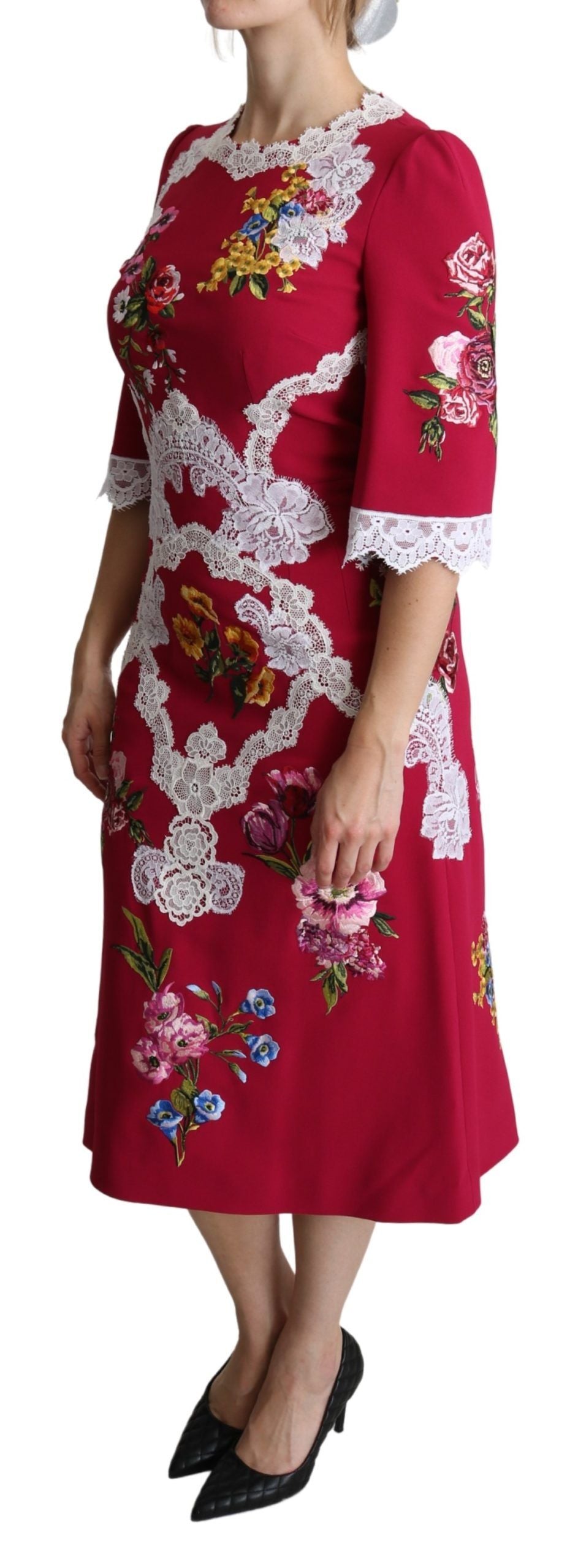 Dolce & Gabbana Rotes besticktes Etuikleid mit Blumenmuster