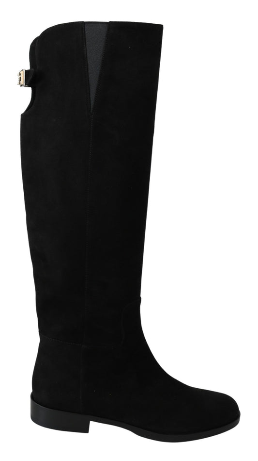 Dolce & Gabbana Schwarze kniehohe flache Wildlederstiefel Schuhe