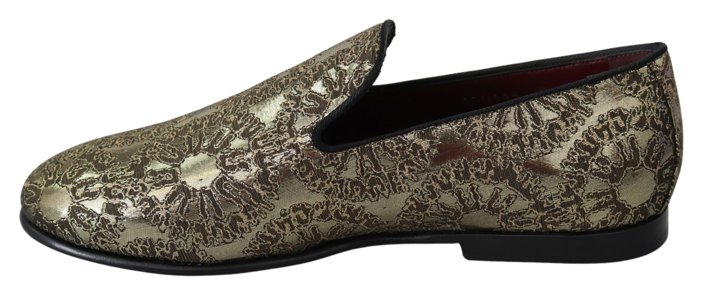 Dolce & Gabbana Gold Jacquard Flats Herren Loafers Schuhe