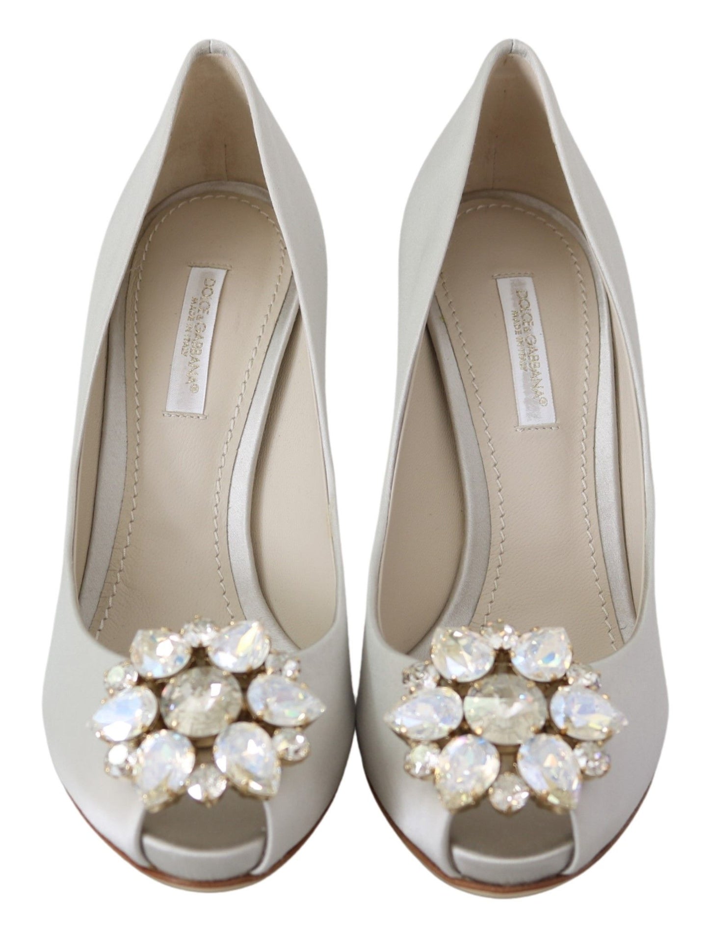 Dolce & Gabbana Weiß Crystals Peep Toe Heels Satin Pumps Schuhe