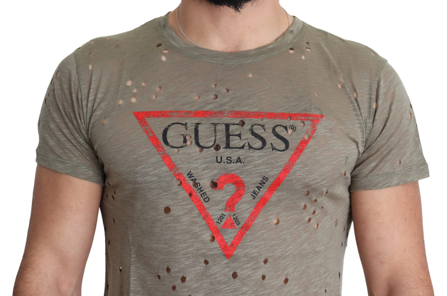 Guess Braunes Baumwoll-Stretch-T-Shirt mit Logodruck für Männer Casual Perforated T-Shirt