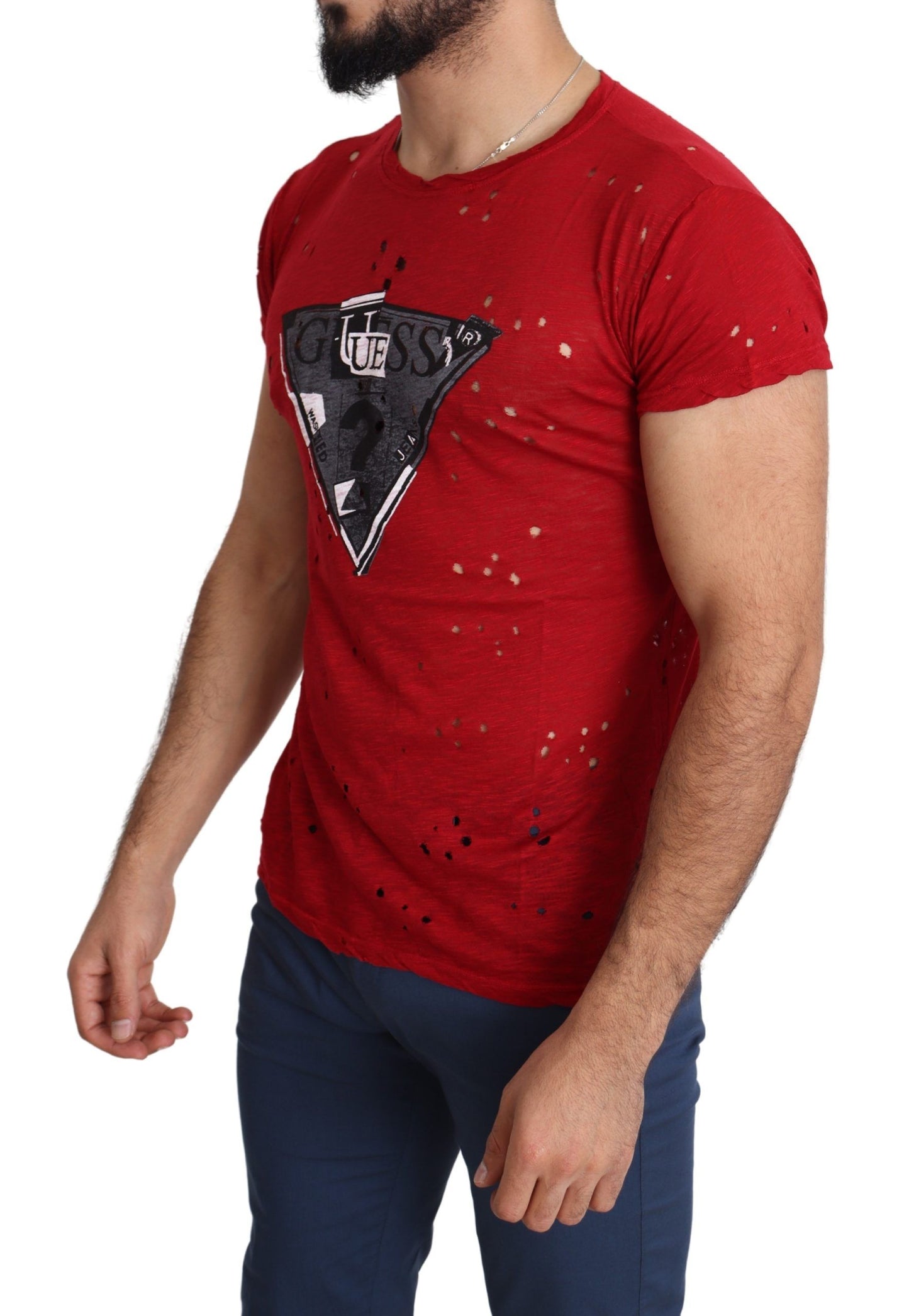 Guess Rotes Baumwoll-Logo Print Männer Casual Top Perforiertes T-Shirt