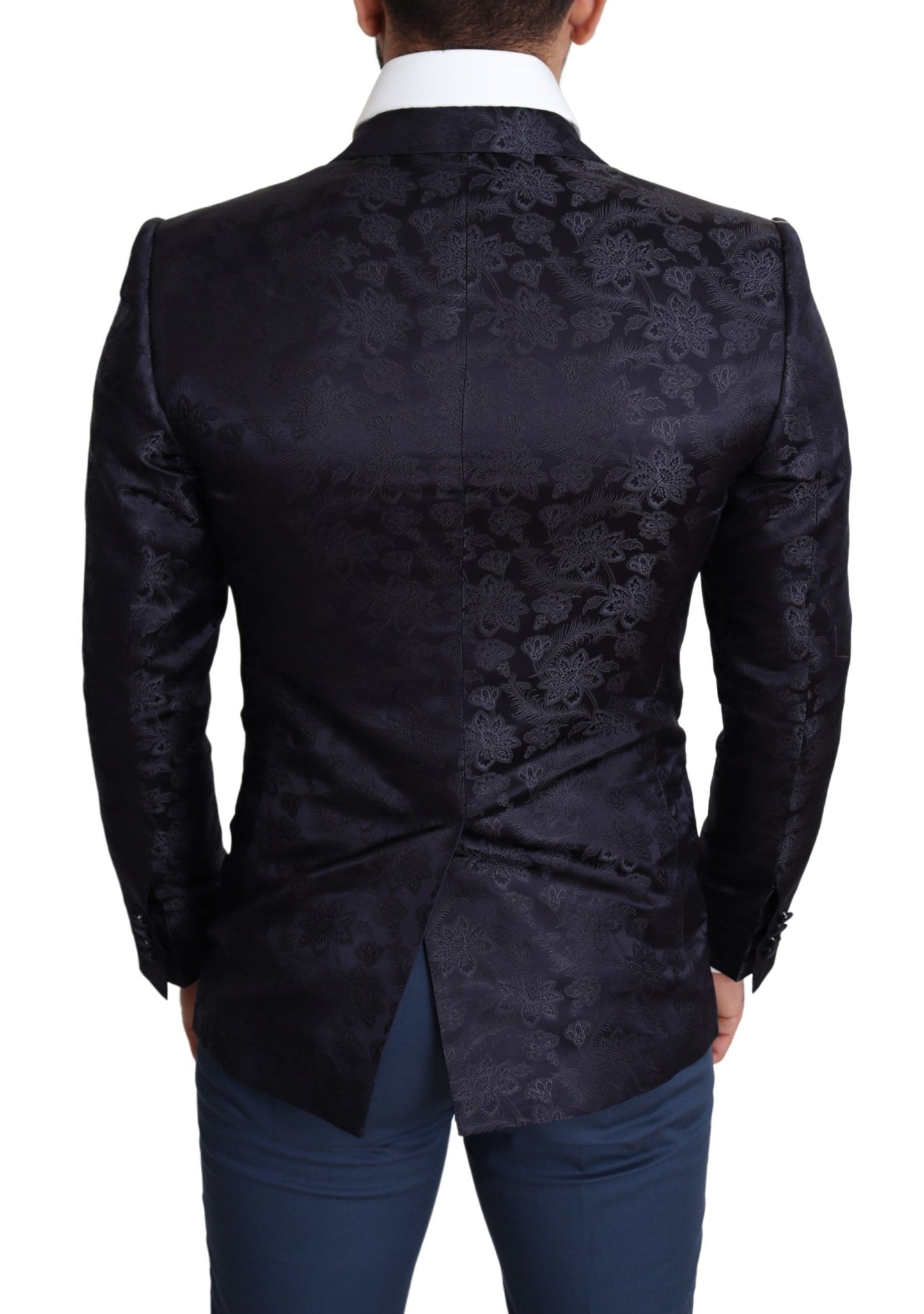 Dolce & Gabbana Blauer Jacquard-Mantel aus Seide mit Blumenmuster MARTINI Blazer