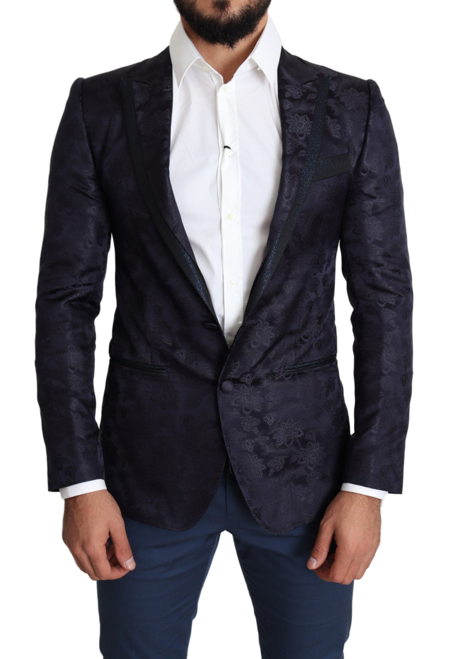 Dolce & Gabbana Blauer Jacquard-Mantel aus Seide mit Blumenmuster MARTINI Blazer