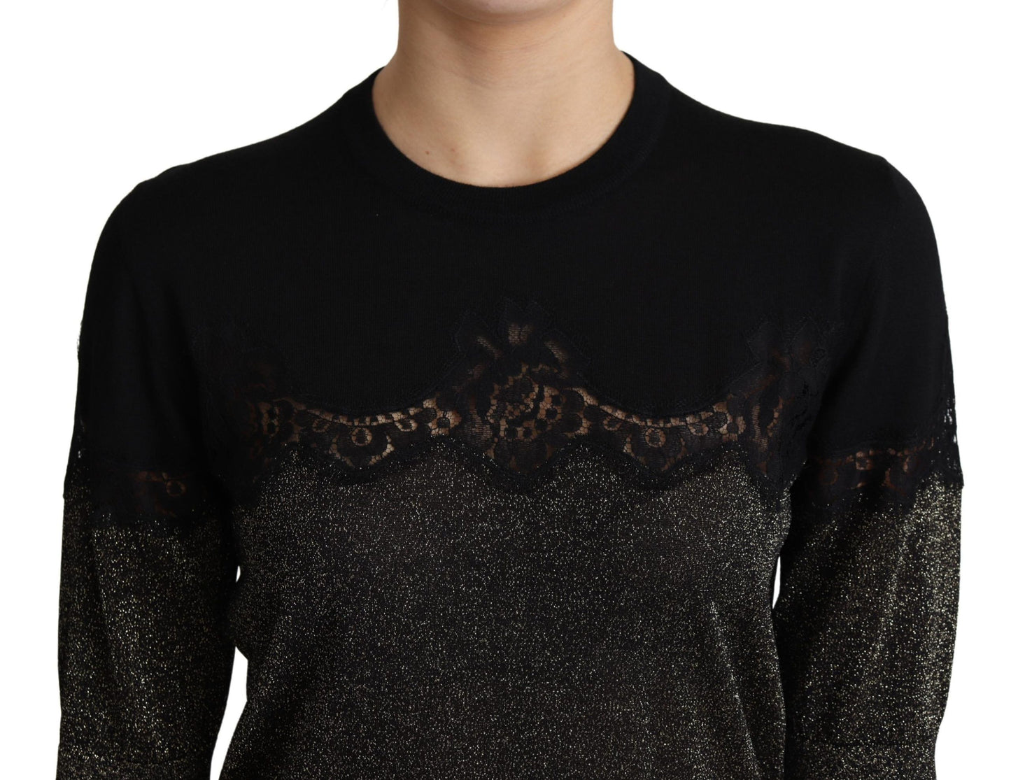 Dolce & Gabbana Schwarzer glänzender Lurex-Spitzeneinsatz Pullover Top