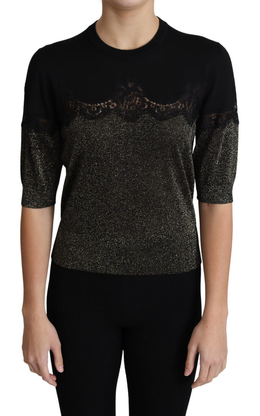 Dolce & Gabbana Schwarzer glänzender Lurex-Spitzeneinsatz Pullover Top