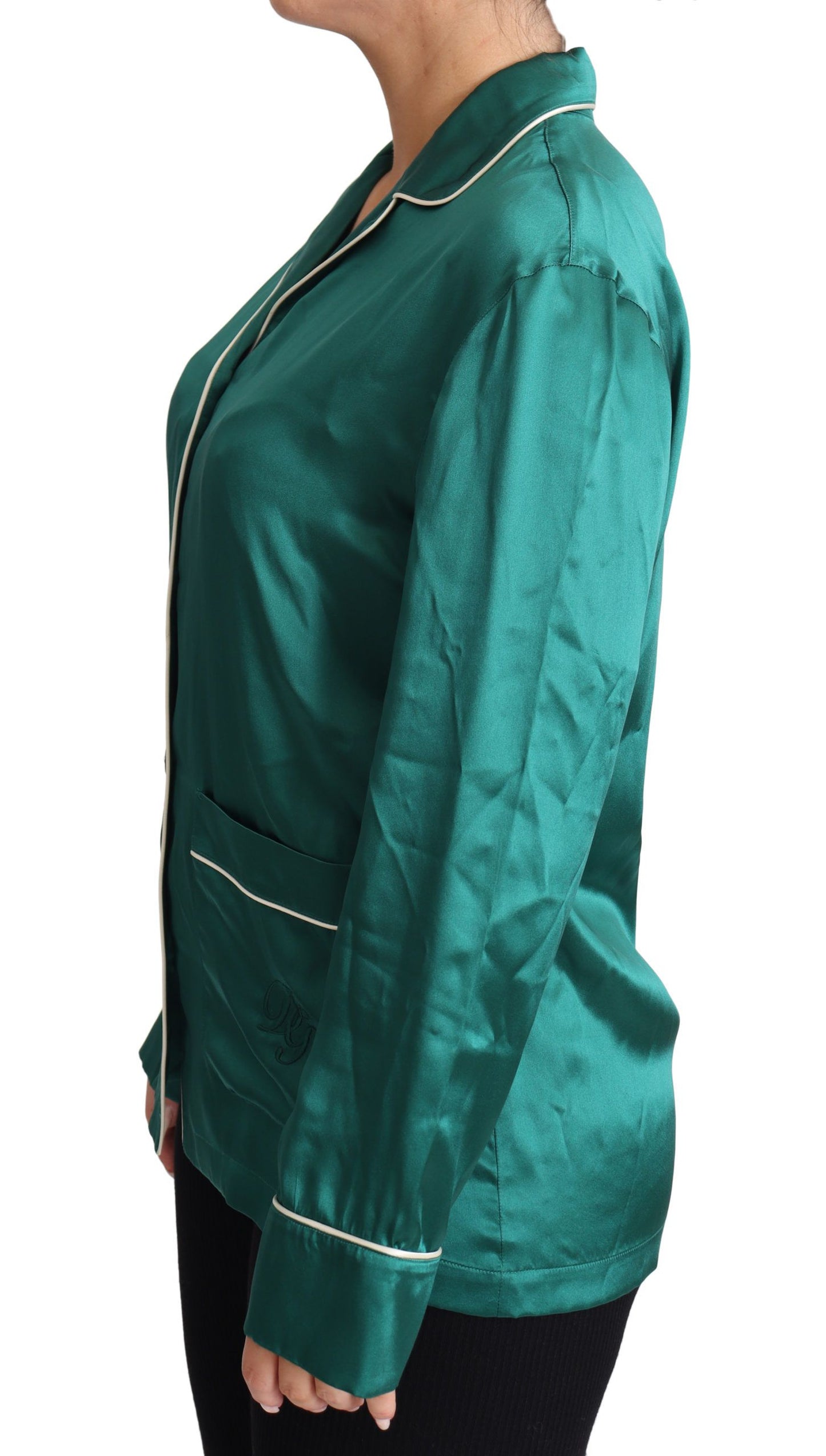 Dolce & Gabbana Grüner Pyjama Bluse Seide Lounge Nachtwäsche Top