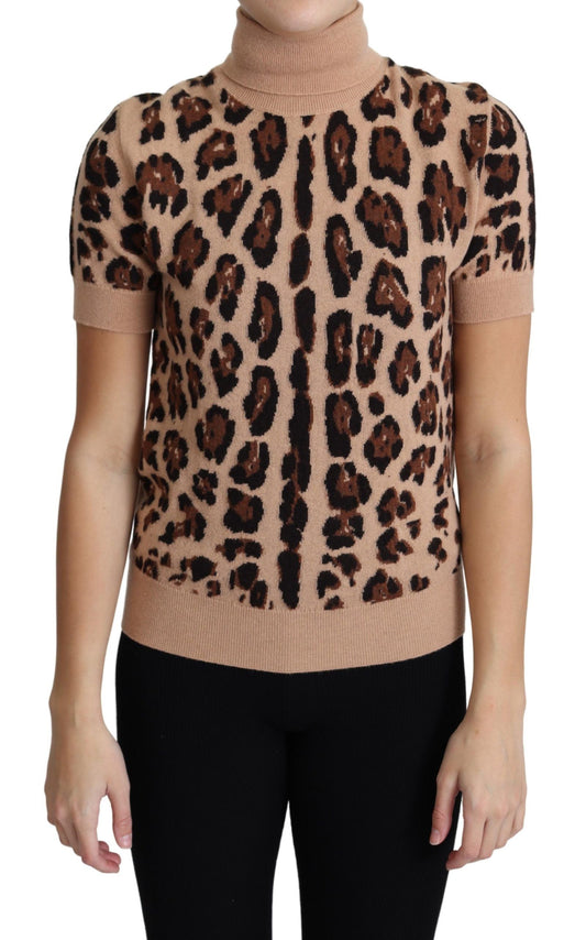 Dolce & Gabbana Beigefarbener Leopardenprint-Rollkragenpullover aus Schurwolle