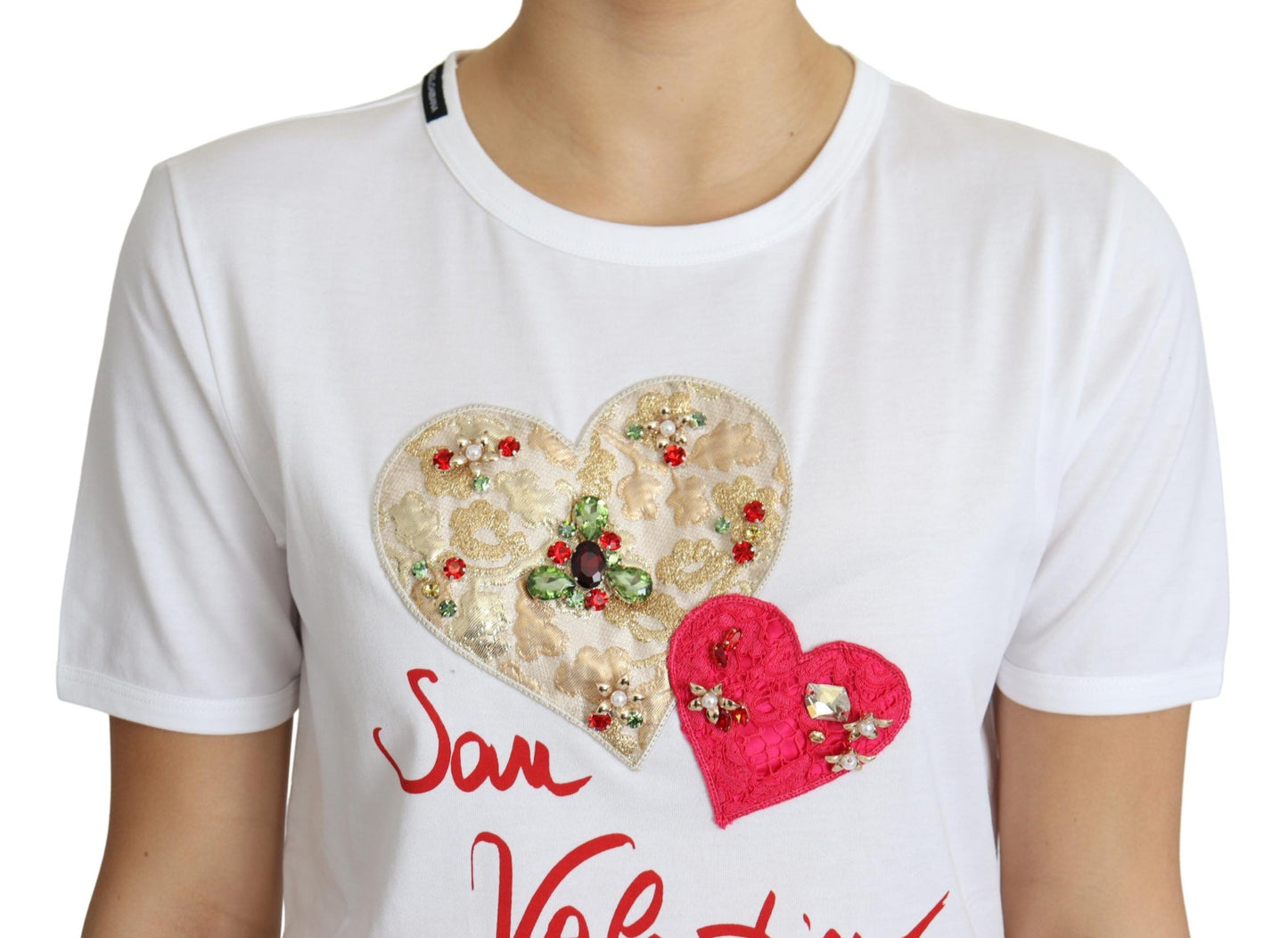 Dolce & Gabbana Weißes San Valentino Herz Kristalle T-shirt Top