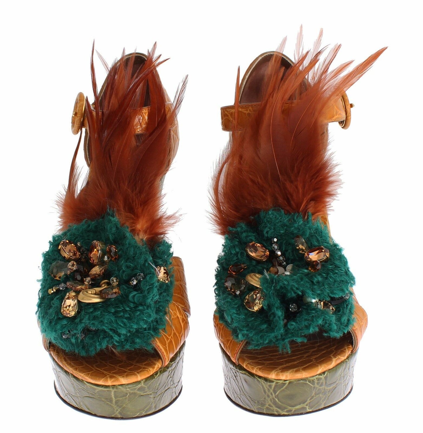 Dolce & Gabbana Orange Leder Kristall Plateau Sandale Schuhe