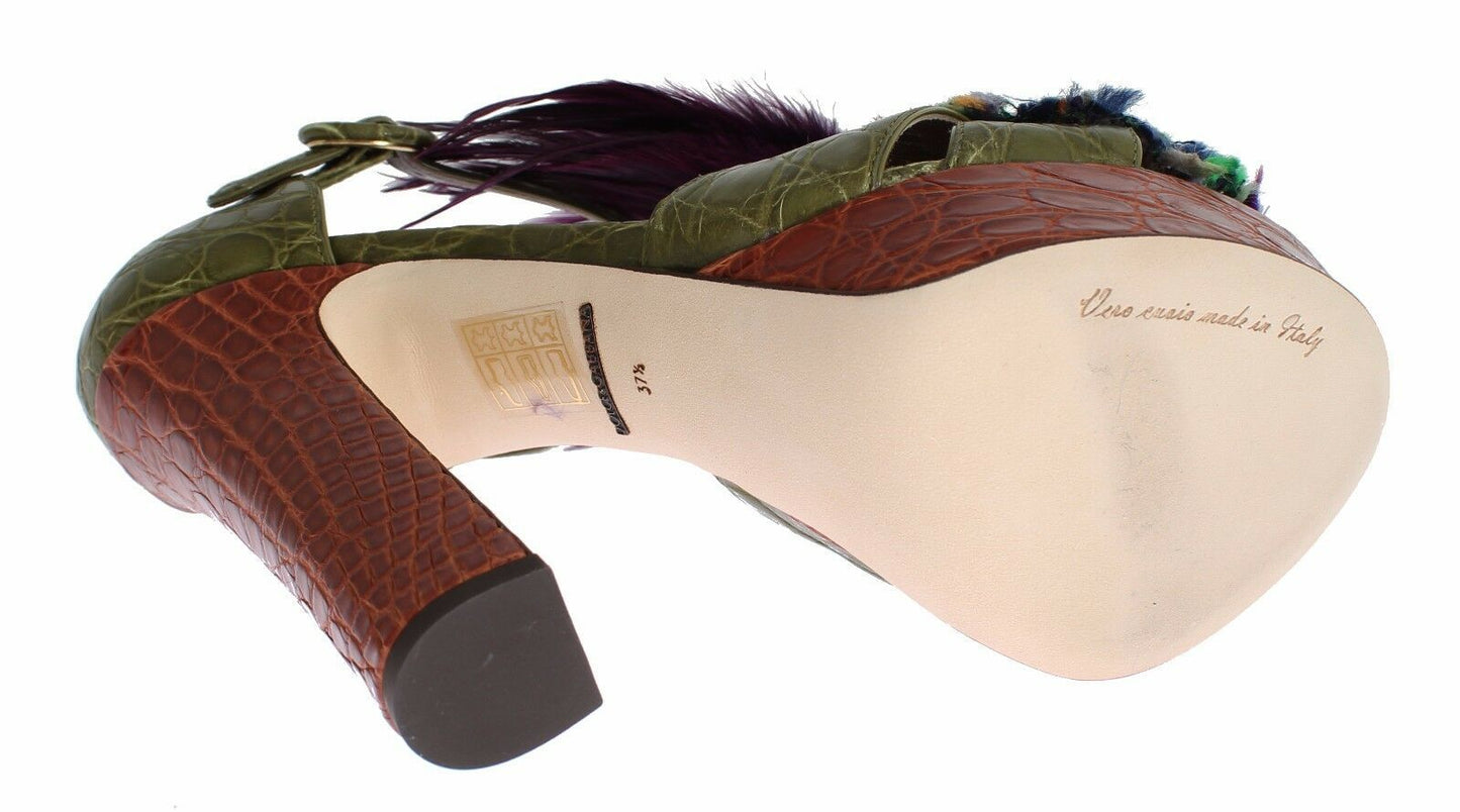 Dolce & Gabbana Grüne Leder Kristall Plateau Sandale Schuhe