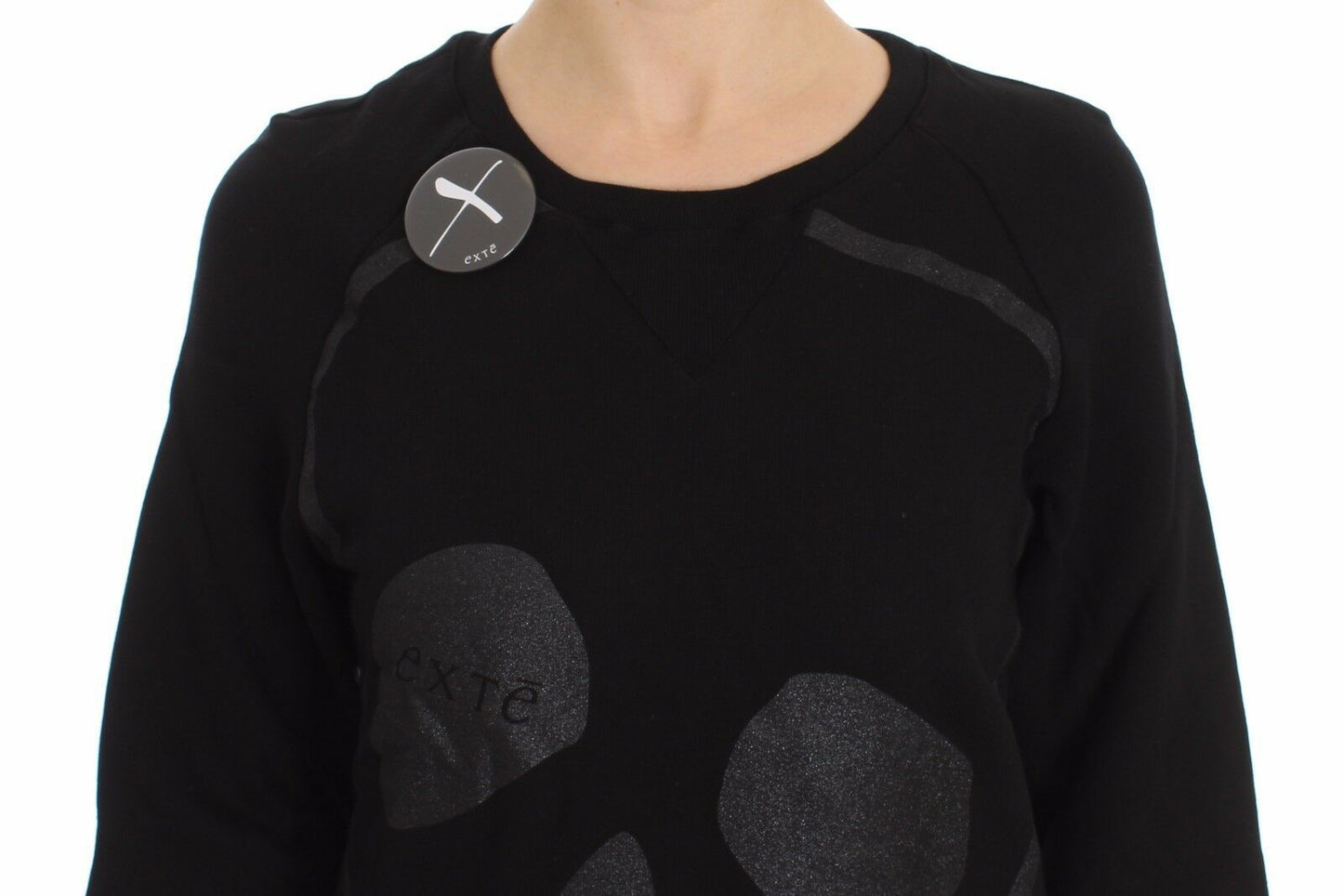 Exte Schwarzer Baumwollmotiv-Pullover mit Rundhalsausschnitt