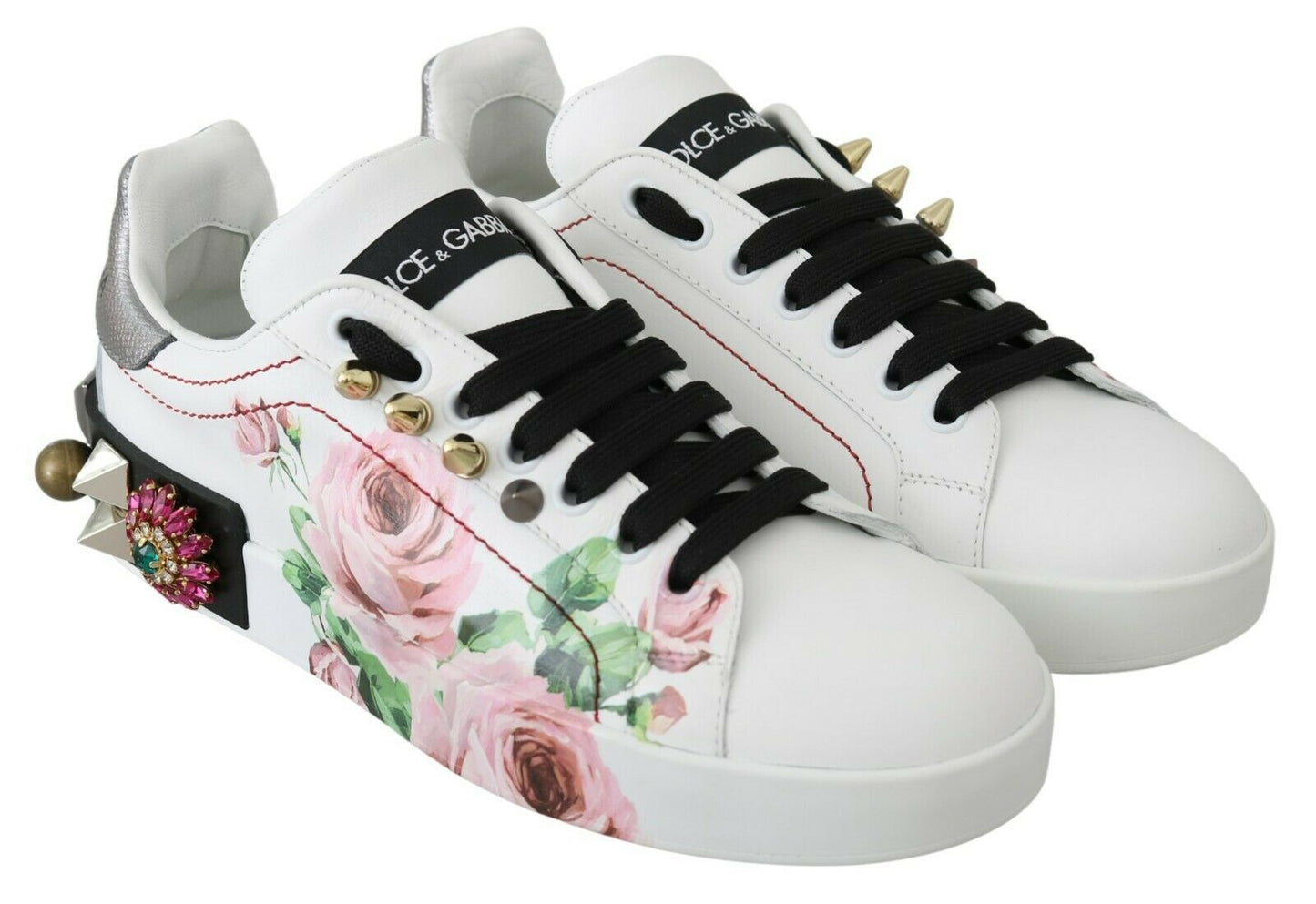 Dolce & Gabbana Weißes Leder Kristall Rosen Floral Turnschuhe Schuhe