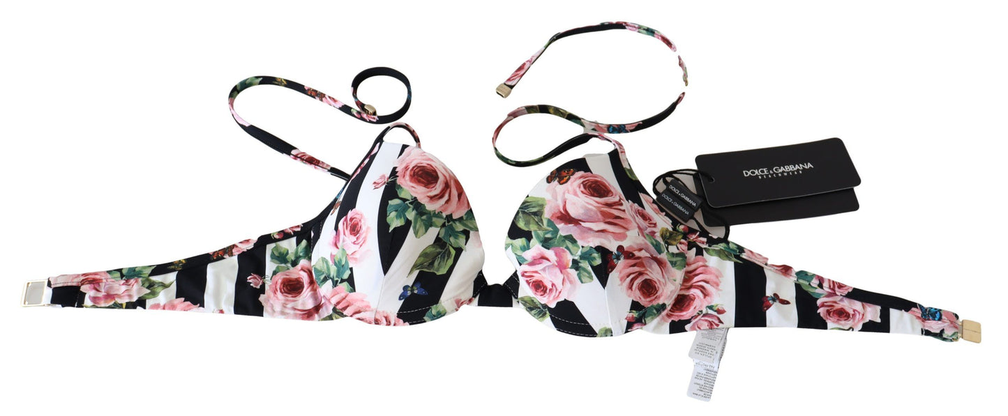 Dolce & Gabbana Mehrfarbig gestreifte Bikini-Oberteile mit Rosendruck in Bademode