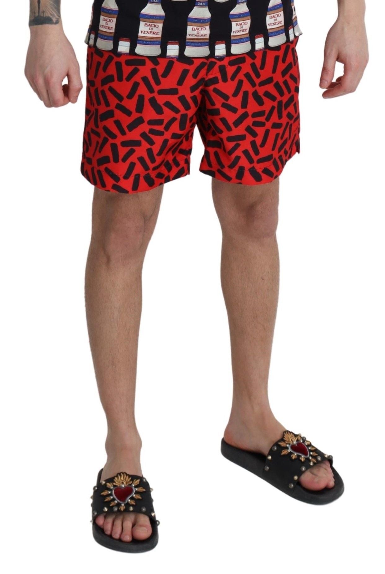 Dolce & Gabbana Rot gemusterte Beachwear Shorts Bademode
