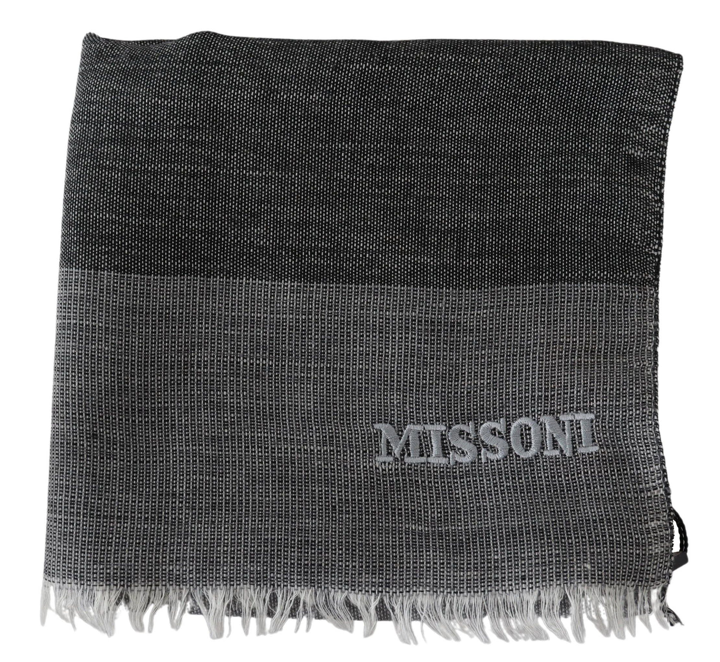 Missoni Grauer gestreifter Wollschal Unisex Halswickel Fransenschal