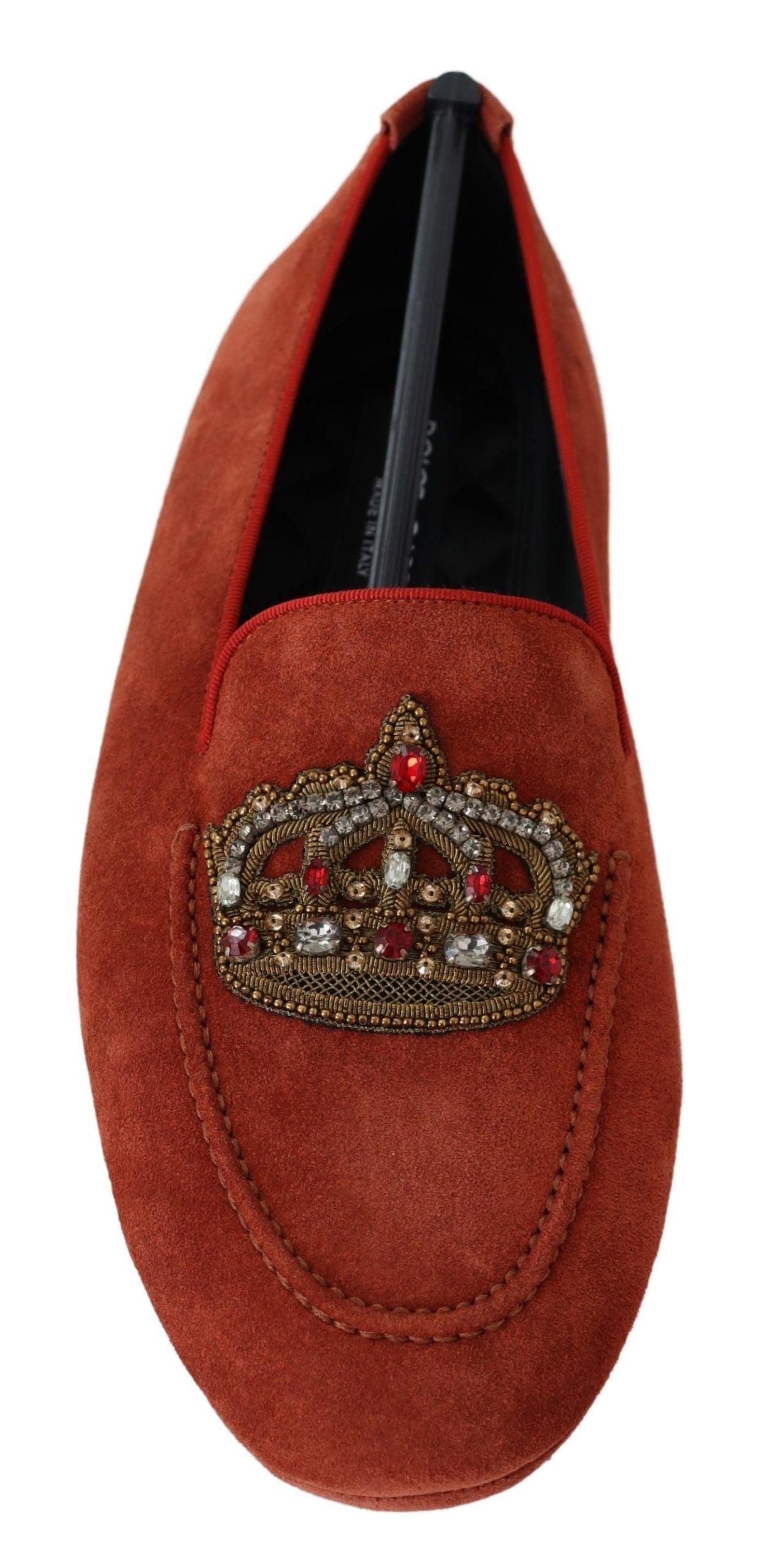 Dolce & Gabbana Orange Leder Crystal Crown Loafers Schuhe