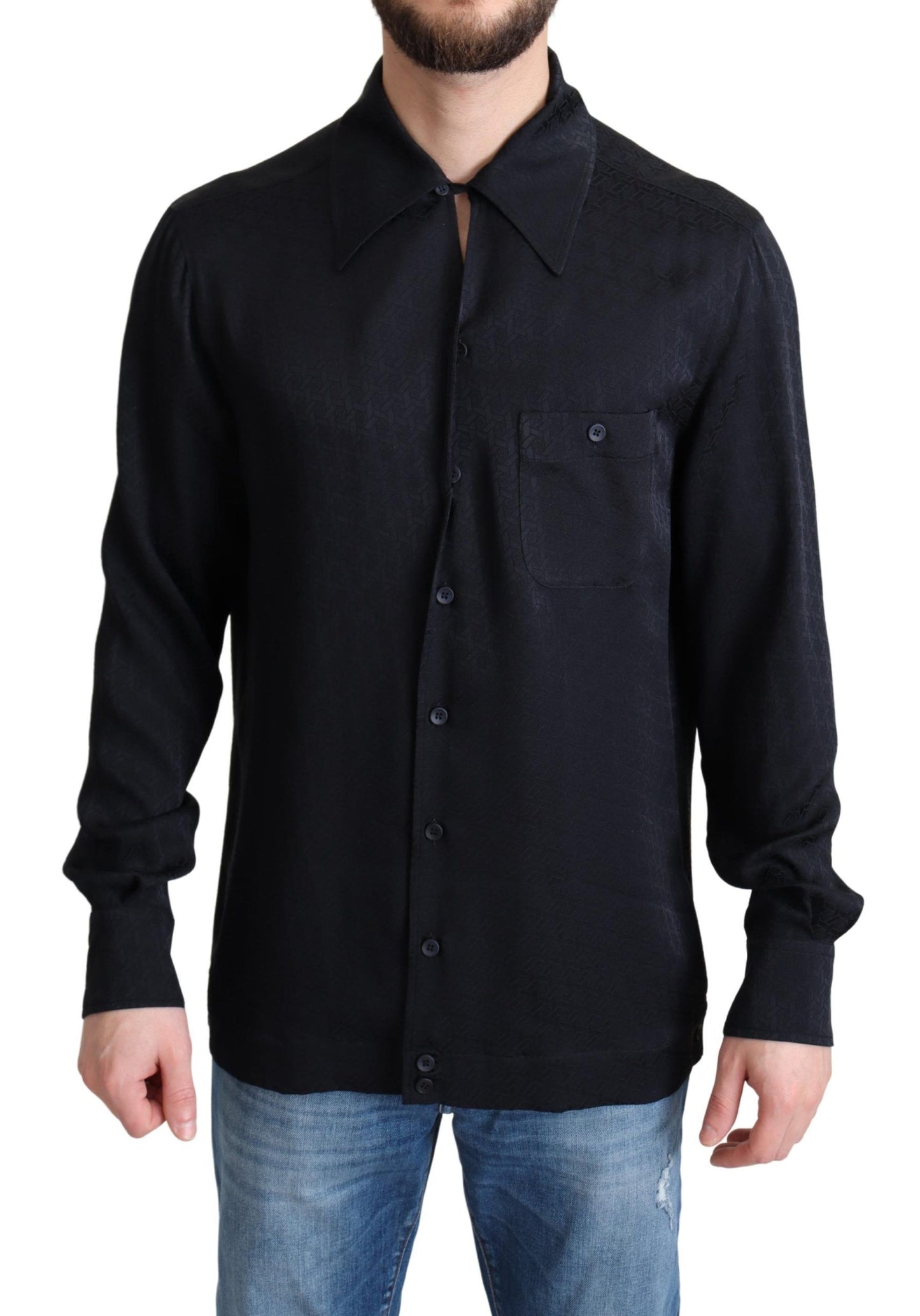 Dolce & Gabbana Schwarzes Jacquard Seidenhemd Casual Button Down