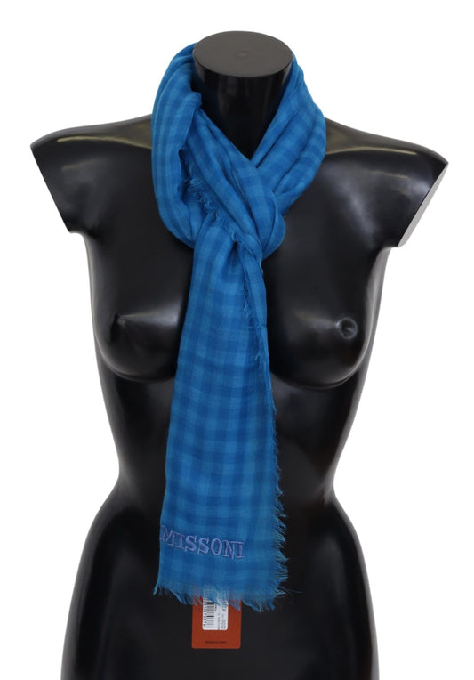 Missoni Blau karierter Kaschmir-Unisex-Wickel-Fransenschal