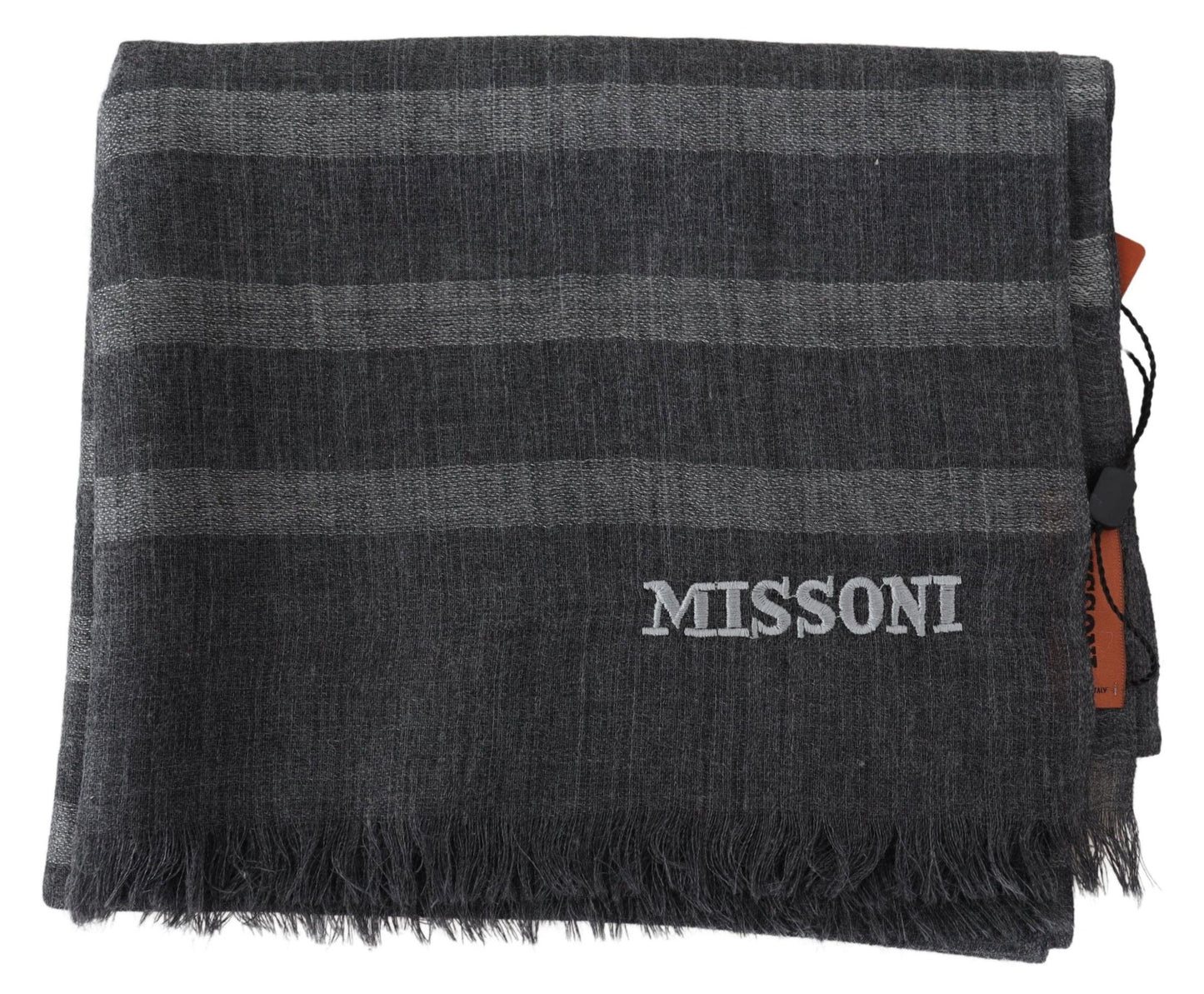 Missoni Grauer gestreifter Wollschal Unisex Halswickel Fransenschal