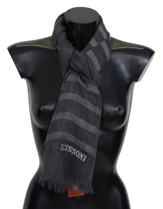 Missoni Grauer gestreifter Wollschal Unisex Halswickel Fransenschal